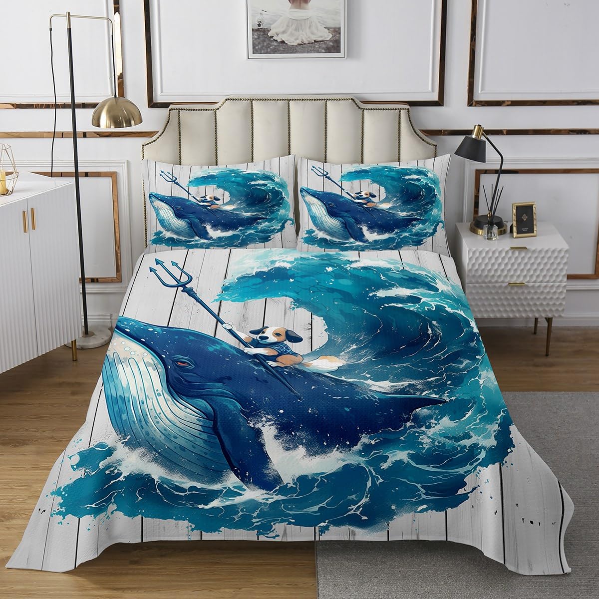 Homewish Funny Dog Bedspread Twin Size,Sea Whale Bedding Sets 2Pcs for Kids Girls Boys Teens Room Decor,Ocean Animals Comforter Set Blue White Rustic Farmhouse Wooden Quilt Coverlet,1 Pillowcase