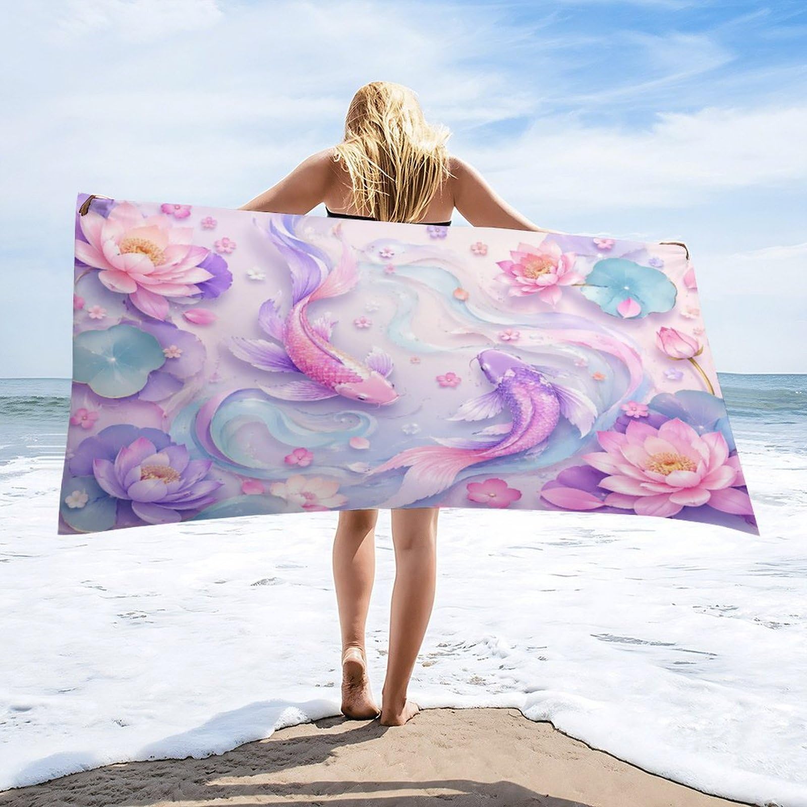 Anceky Koi Fish Lotus Flowers Watercolor Beach Towel 32"×63",Soft Microfiber Bath Towel Shawl, Quick Dry Absorbent Pool Spa Gym Shower Towel