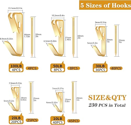 Miniatura 2 de Kit de 230 piezas para colgar cuadros, ganchos resistentes para paneles de yeso, 5 tamaños, 100-10 libras, ganchos para colgar accesorios, espejo,