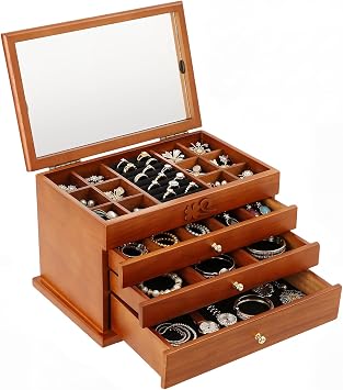 Wooden Drawers Jewelry Box 4 Layers, Vintage Wooden Jewelry Box for Women with Mirror, 3 Drawers, Jewelry Storage Organizer for Women