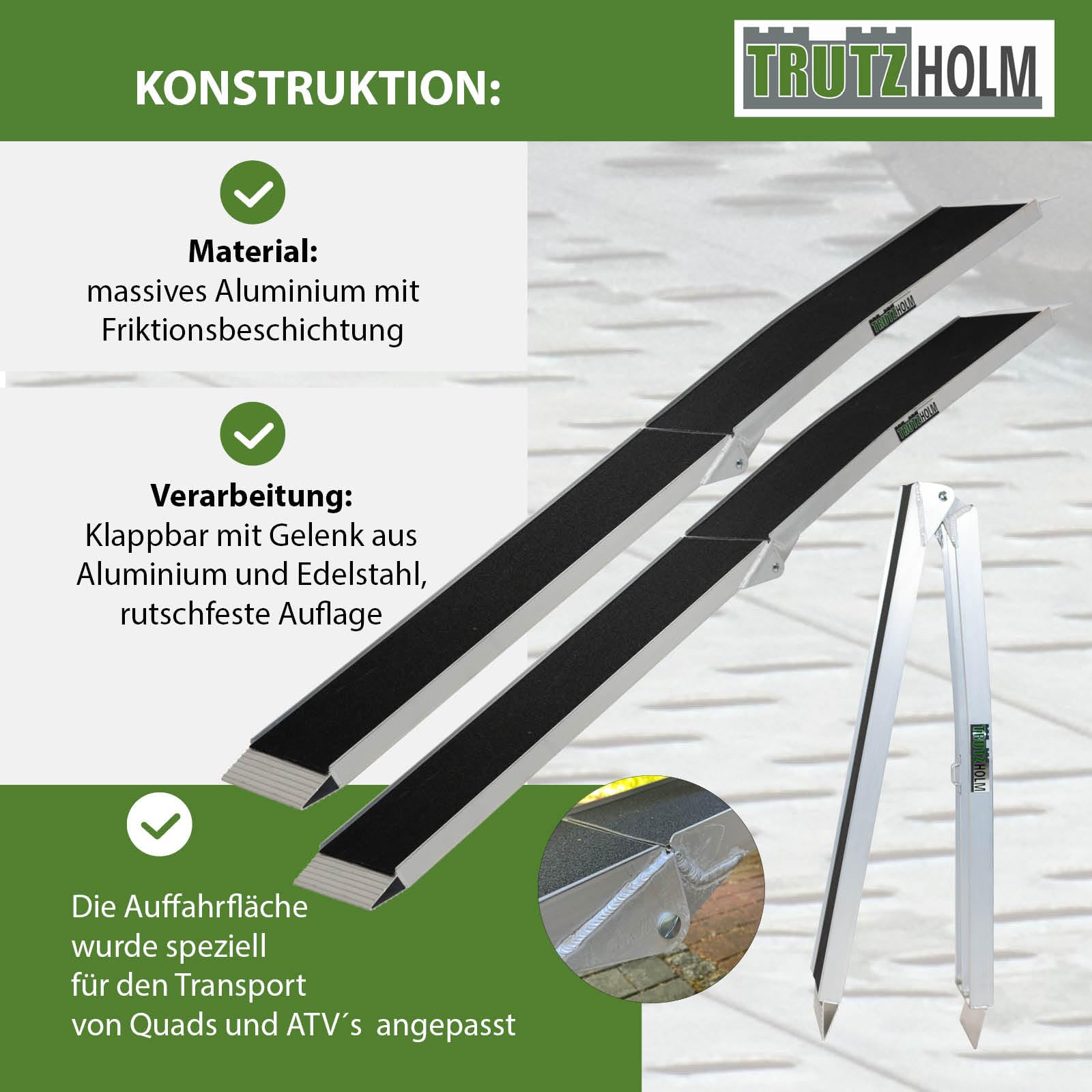 TRUTZHOLM 2X Auffahrrampe klappbar Länge 228 cm 340 kg Traglast je Stück 680 kg Gesamttraglast Aluminium Friktionsbeschichtung Anti Rutsch E-Bike-Rampe Fahrradrampe Motorradrampe inkl. 2X Spanngurt