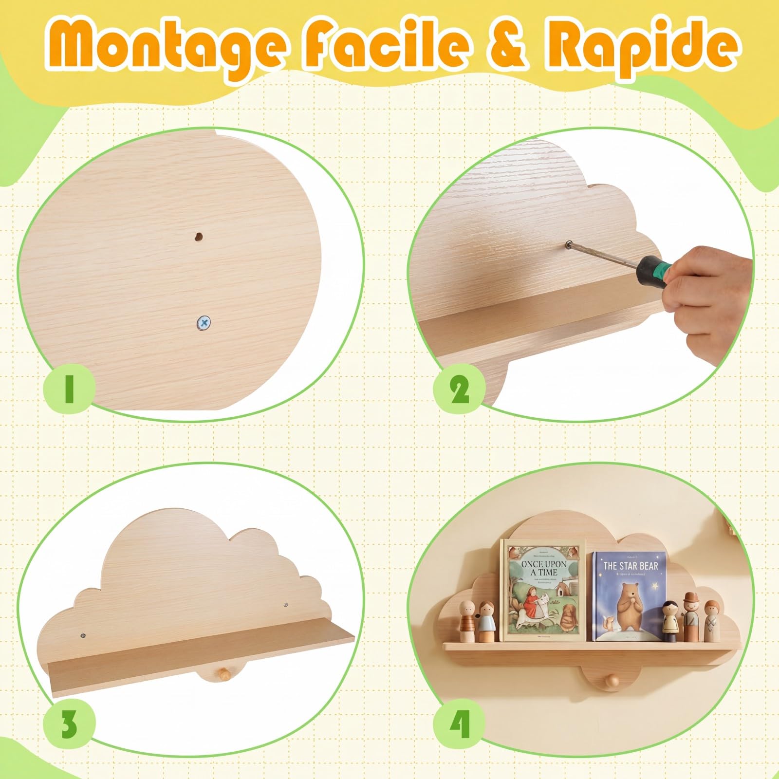 COSTWAY Lot de 2 Étagère Murale Enfant en Forme Nuage, Étagère Livre Enfant en Bois, Bibliothèque Flottante Montessori pour Livre Jouet pour Chambre Salle de Jeux (Naturel)