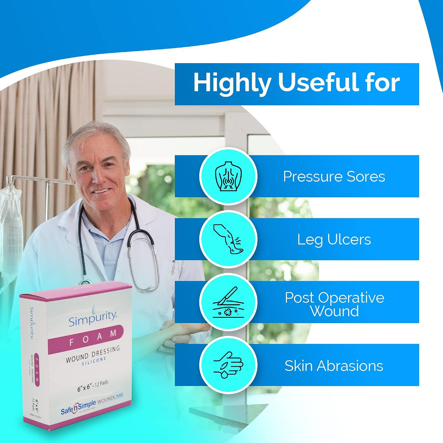 Simpurity Silicone Foam Wound Dressing - 2" x 2" Individual Thick Pads - Waterproof Silicone Adhesive Foam Dressing for Wounds - Medical Foam Dressing Without Border - Adhesive Foam Pad Dressing