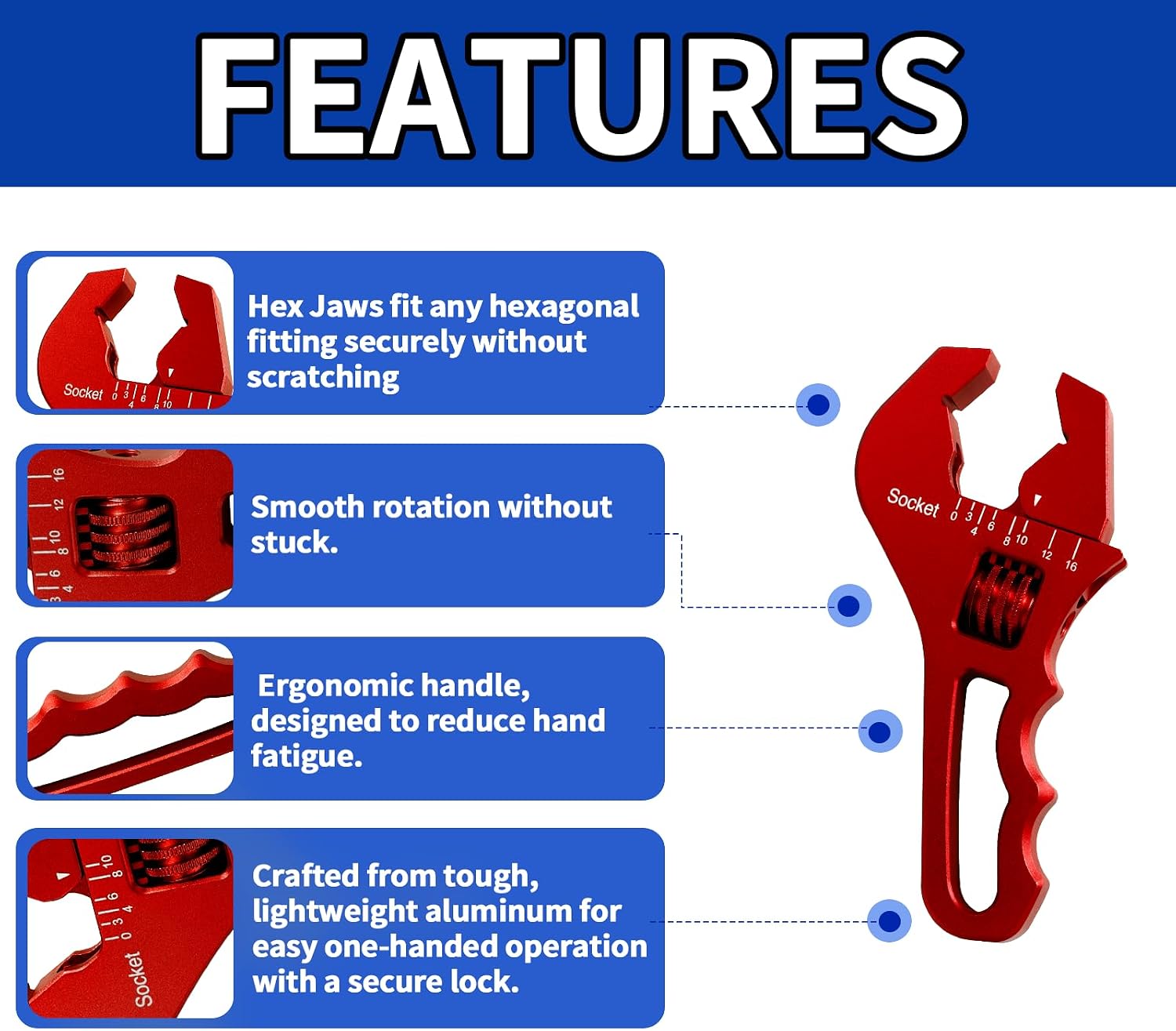 AN Fittings Wrench 3AN-16AN Adjustable AN Wrench Lightweight Aluminum,Compact Size,Red (With Nylon 4" Vise Jaws Pads)