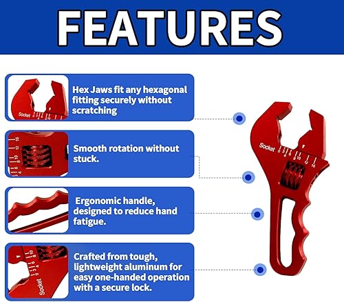Miniatura 5 de AN Fittings - Llave AN ajustable de aluminio para accesorios de extremo de manguera 3AN-16AN, pequeña roja (con almohadillas de mordazas de tornillo