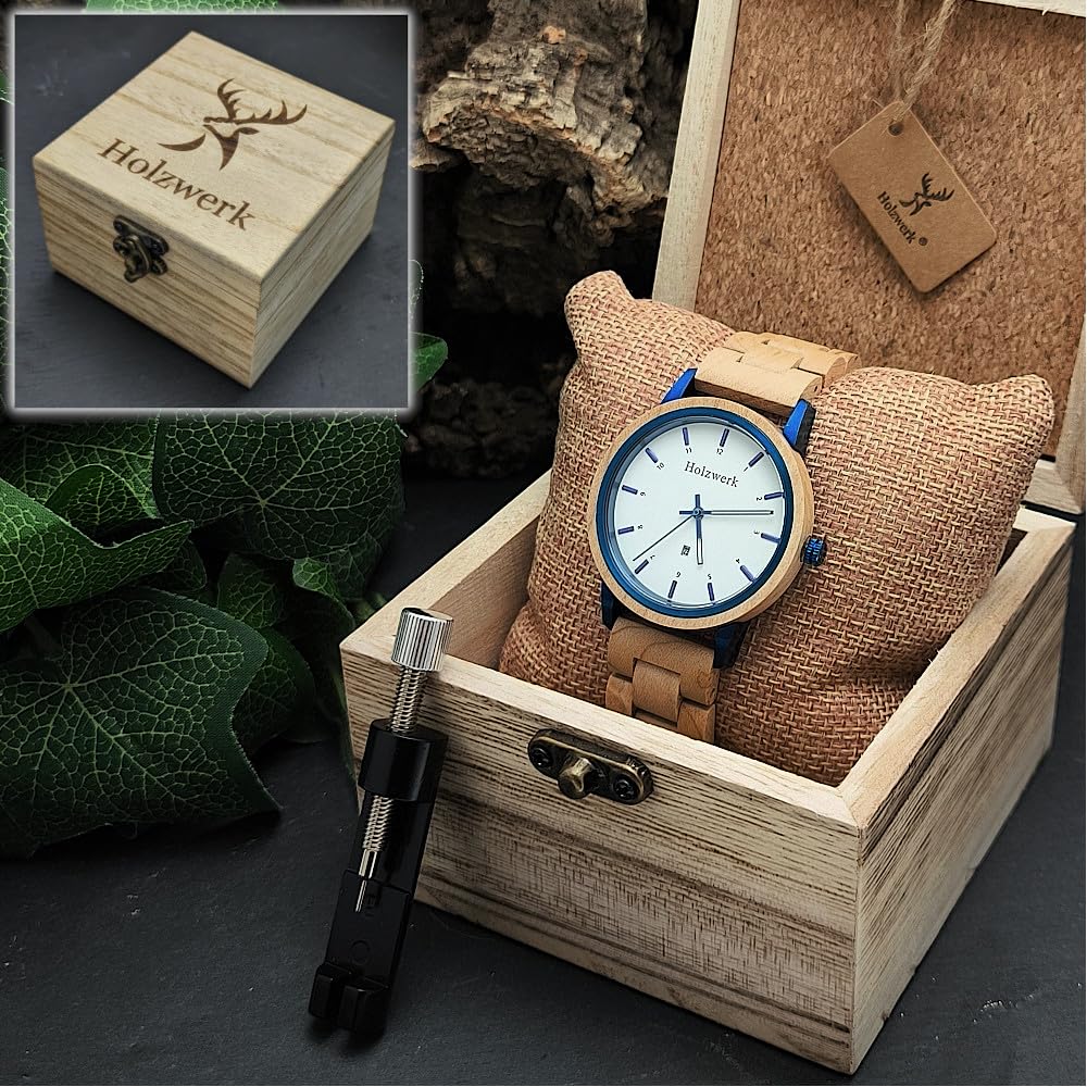Ręcznie wykonany drewniany mechanizm Germany® Designer Unisex zegarek damski Eko Naturalny Drewno Zegarek na rękę Analogowy Klasyczny Zegarek kwarcowy Brązowy Klon Niebieski Biały