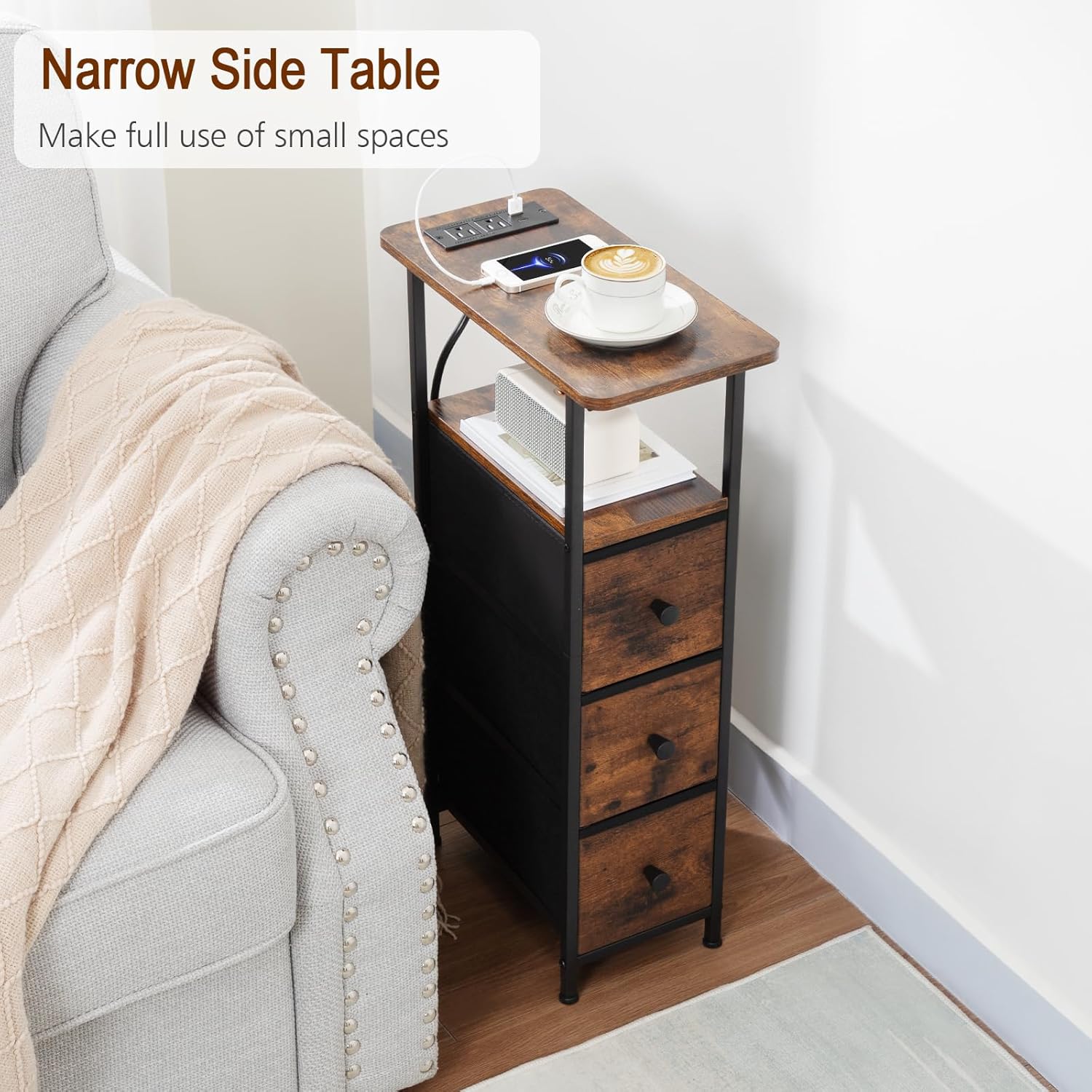 Narrow End Tables Living Room Set of 2 with Charging Station, Skinny Side Table with Fabric Drawers, Slim Nightstand for Bedroom, Small Spaces, Couch, Brown, HETNDP03BR