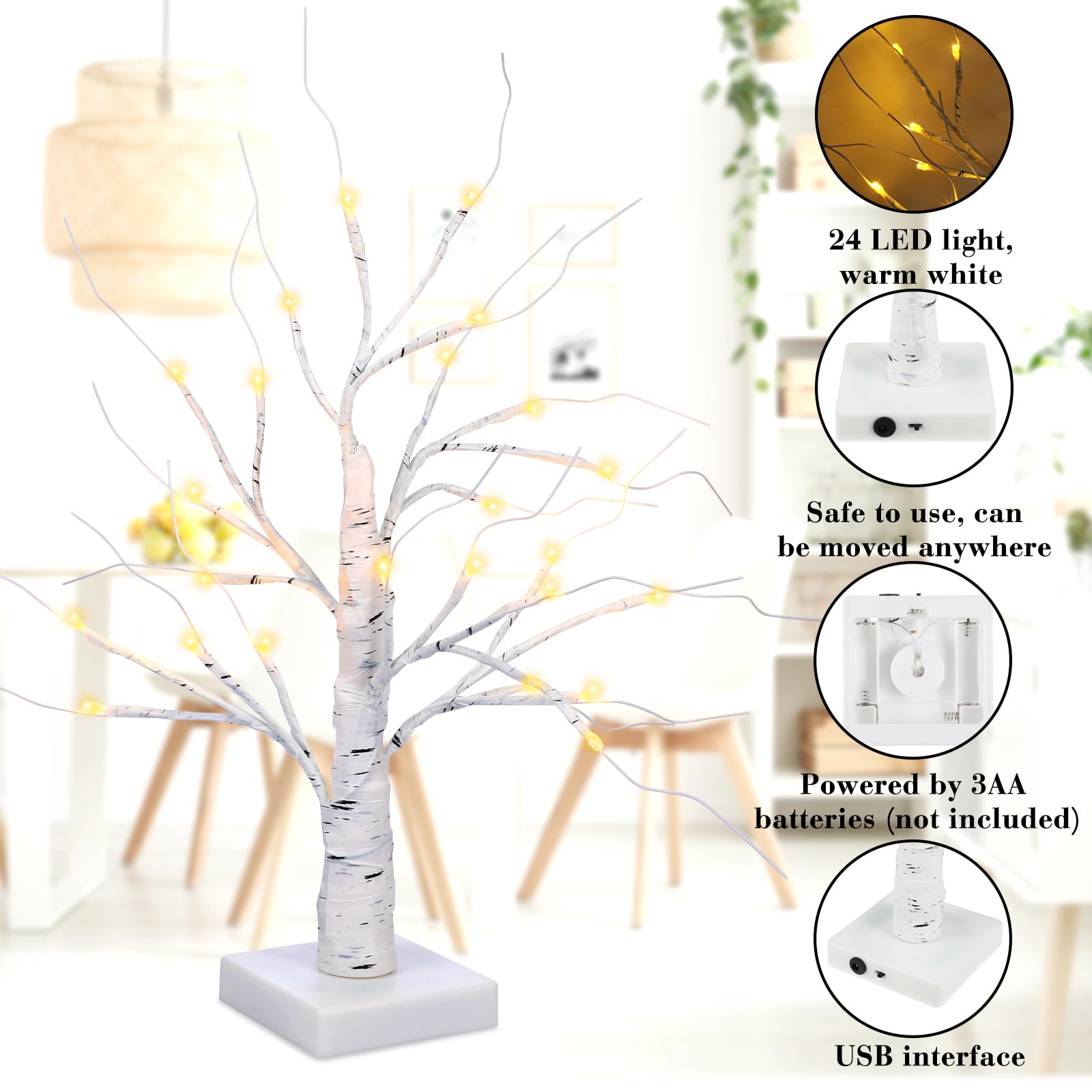 Arbol Con Luces EAMBRITE Árbol De Abedul Iluminado Para Decoración Del  Hogar, Decoraciones Navideñas Blancas Para Interiores, Paquete De 2 24 LED  Con Pilas, Mini árboles Artificiales Con Luces Para Centro De, image size:1600x1600