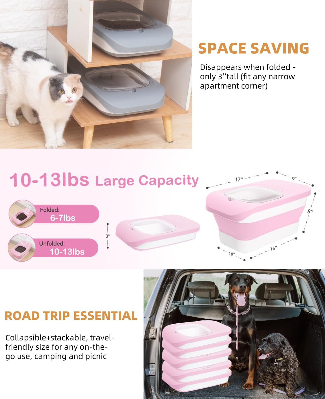 Contenedor de comida para perros de 10 a 13 libras, contenedores plegables para almacenamiento de alimentos para mascotas con tapa hermética, cuchara de comida para mascotas y cuenco de