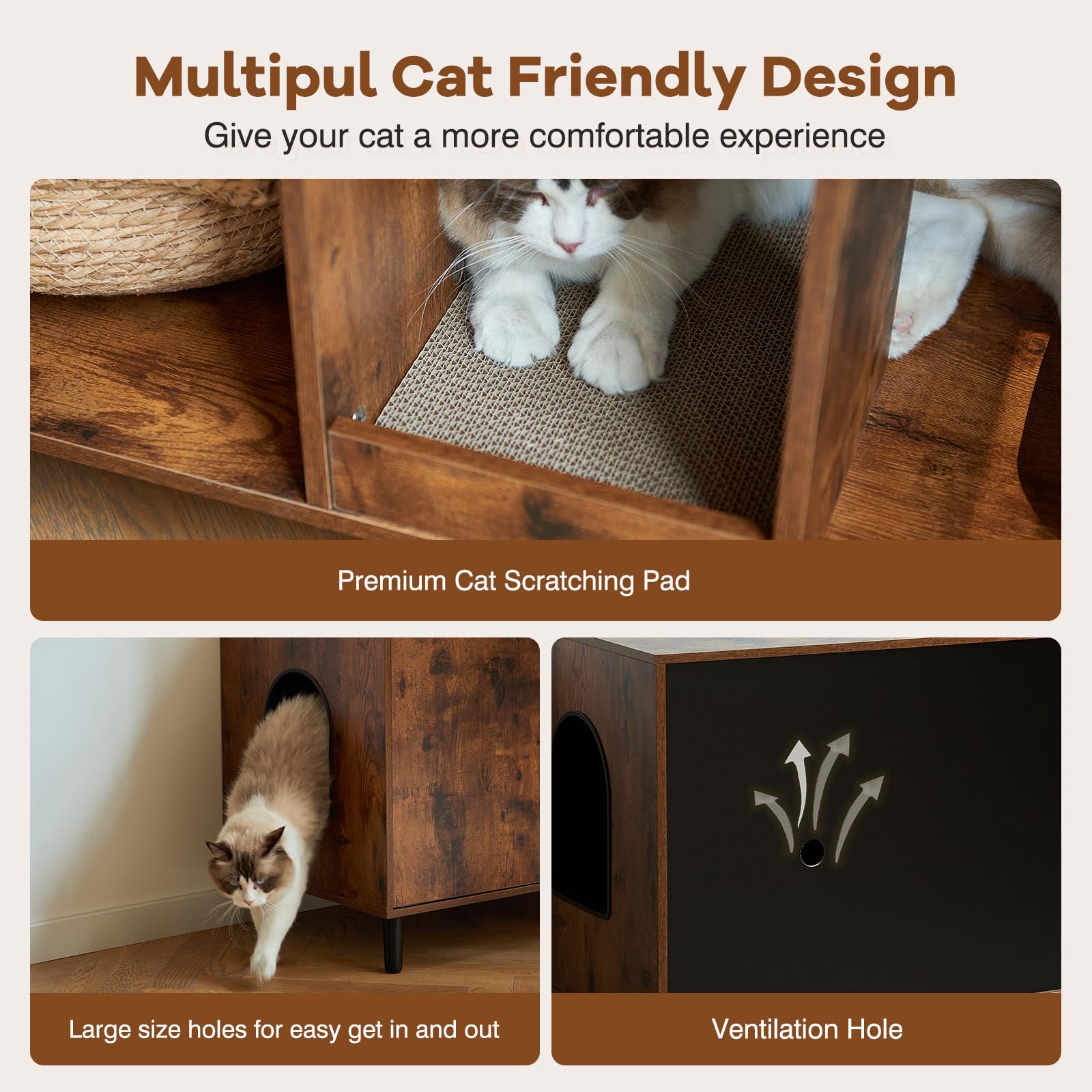 Litter Box Furniture for 2 Cats - Farmhouse Hidden Cat Litter Box Enclosure Cabinet Furniture Double Room, 42.3" TV Stand Side End Table Large Space for 2 Cats, Rustic Brown - image 4