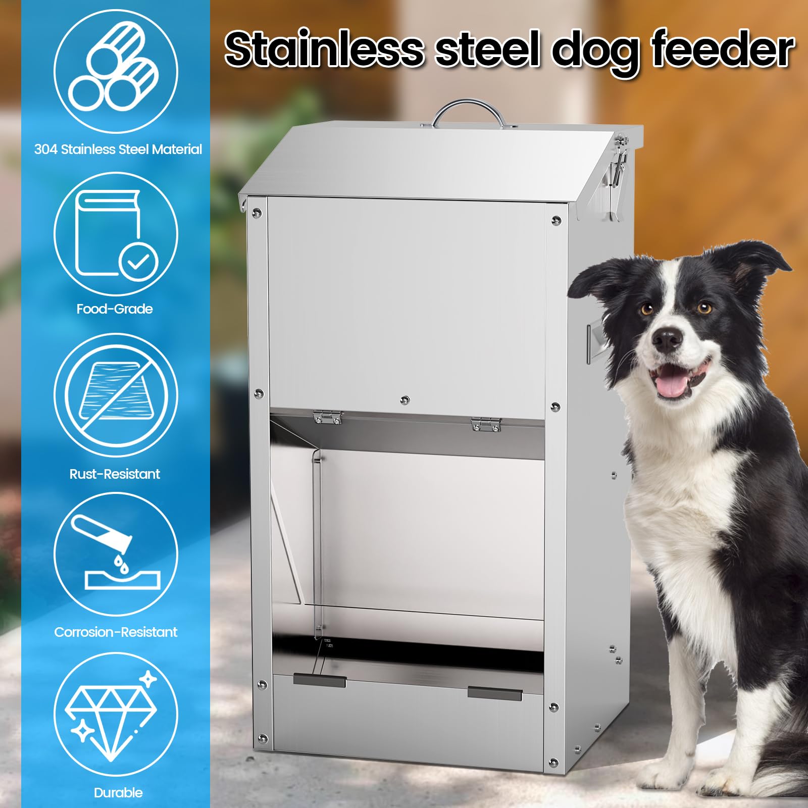 Alimentador Automático De Perros De 20L, Gran Capacidad, De Acero Inoxidable, para Exteriores, Dispensador De Comida para Perros por Gravedad,Comedero De Alimentación Automática para Grandes
