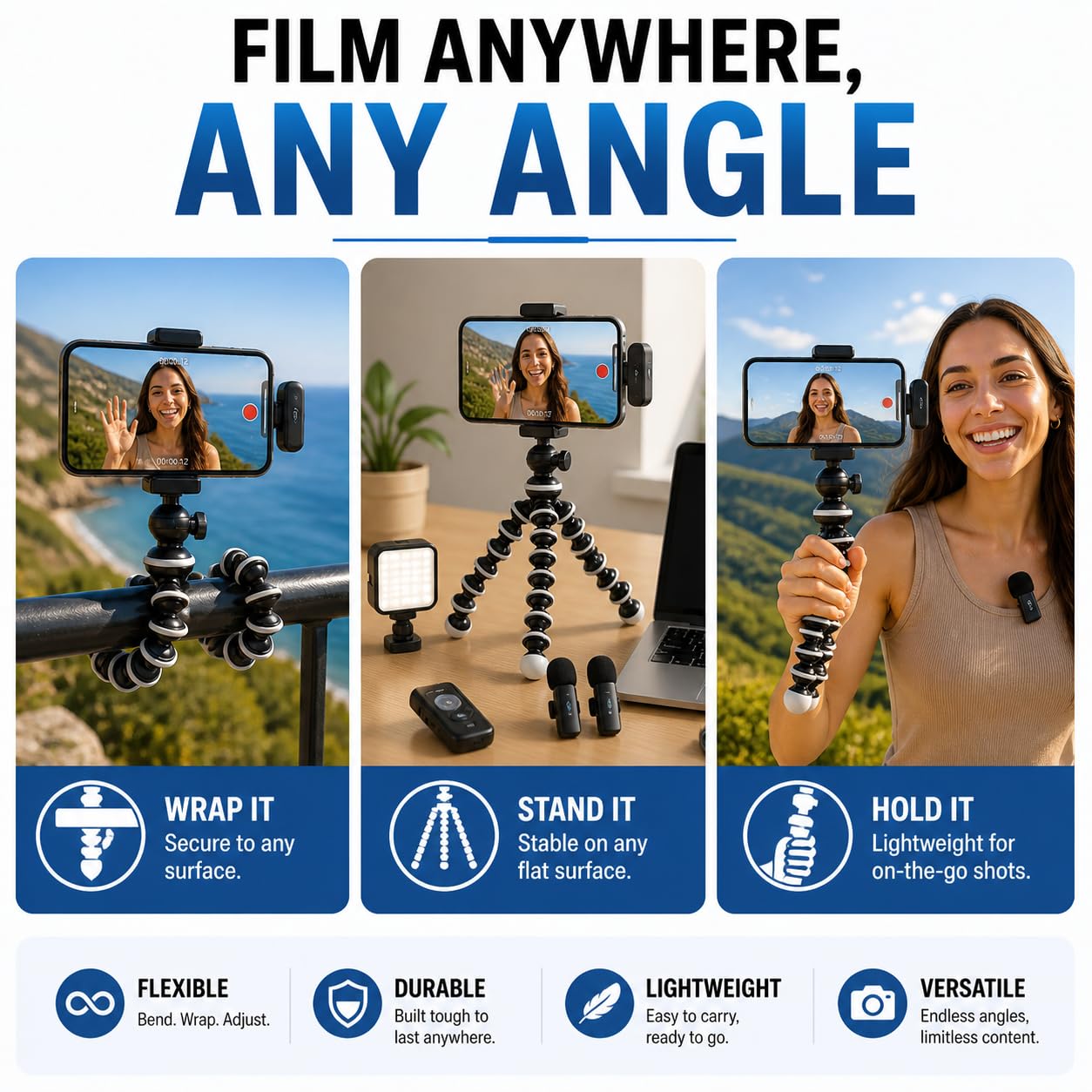Acuvar Treppiede flessibile Vlogging Kit per iPhone, Android e GOPRO con luce LED, supporto per telefono, microfono, telecomando Bluetooth, custodia rigida per live streaming, videochiamate, Vlogging,