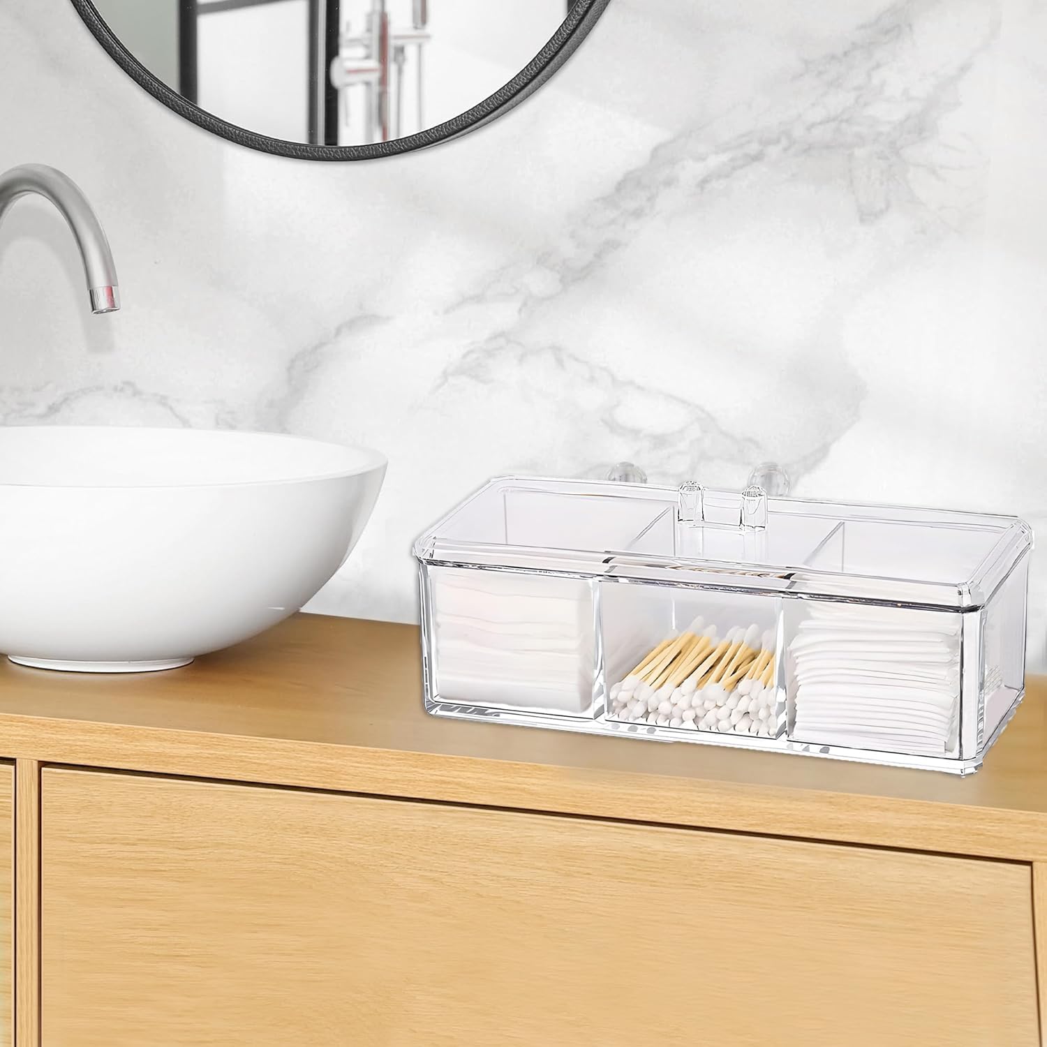 Qtip Holder Dispenser for Cotton Balls, Swabs, Pads, Floss Picks, 3 Compartments Clear Acrylic Container Box with Lid for Bathroom Canister Storage Organization, Vanity Makeup Organizer (#A)