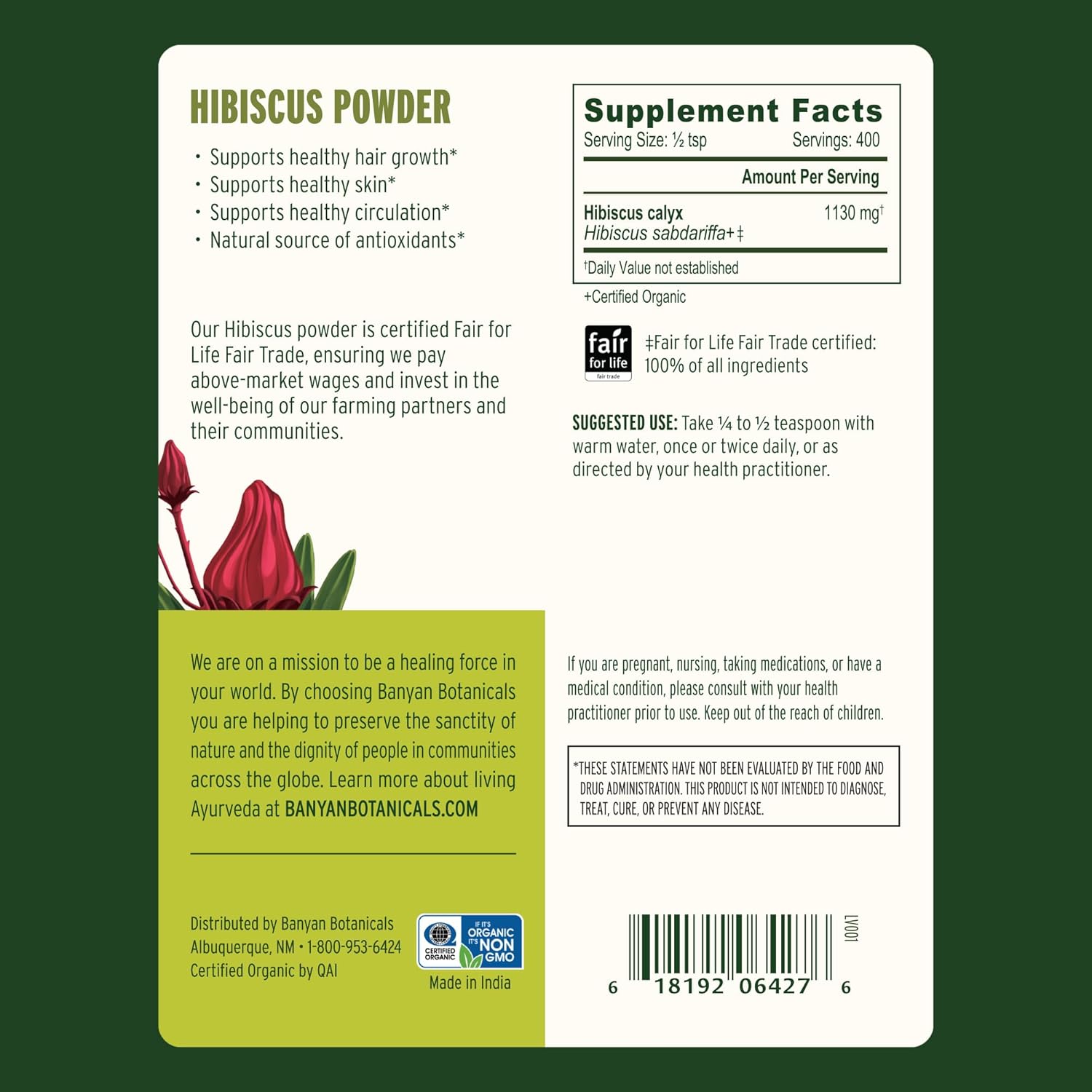 Banyan Botanicals Hibiscus Powder – Organic Hibiscus sabdaiffa – For Refreshing Hibiscus Tea – Supports Healthy Hair & Skin* – 1 lb. – Non-GMO Sustainably Sourced Vegan