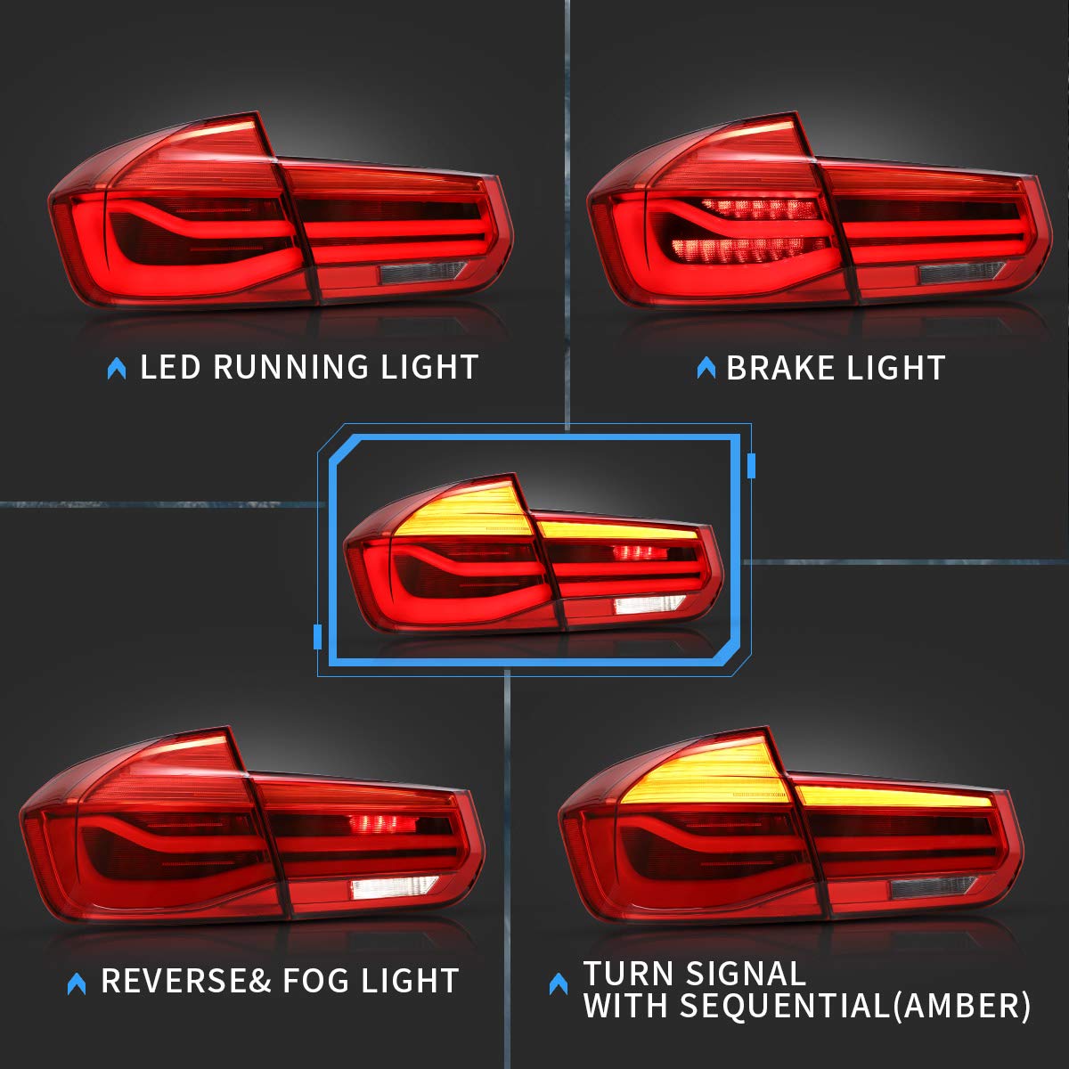 VLAND Led Tail Lights Compatible with BMW 3-Series BMW F30 F35 F80 320i 328i 328D 335i M3 6th gen sedan 13-18 with Amber Switchback Turn Signals (Red Clear Styles)
