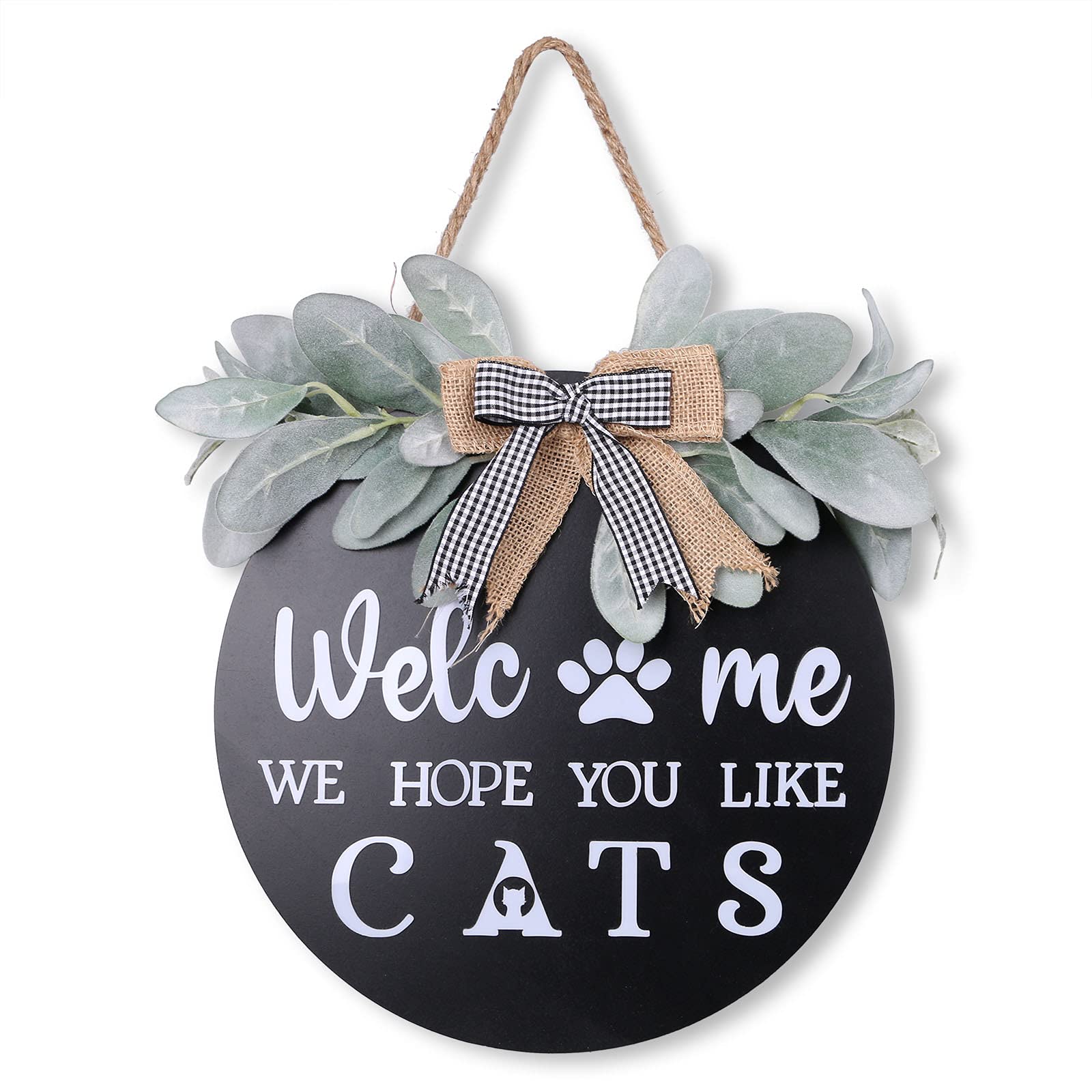ponatia3D Welcome Sign for Front Door, Welcome Signs for Farmhouse Decor, Door Hanger Front Door Decor with Premium Greenery, Great Housewarming Gifts, (Cat)