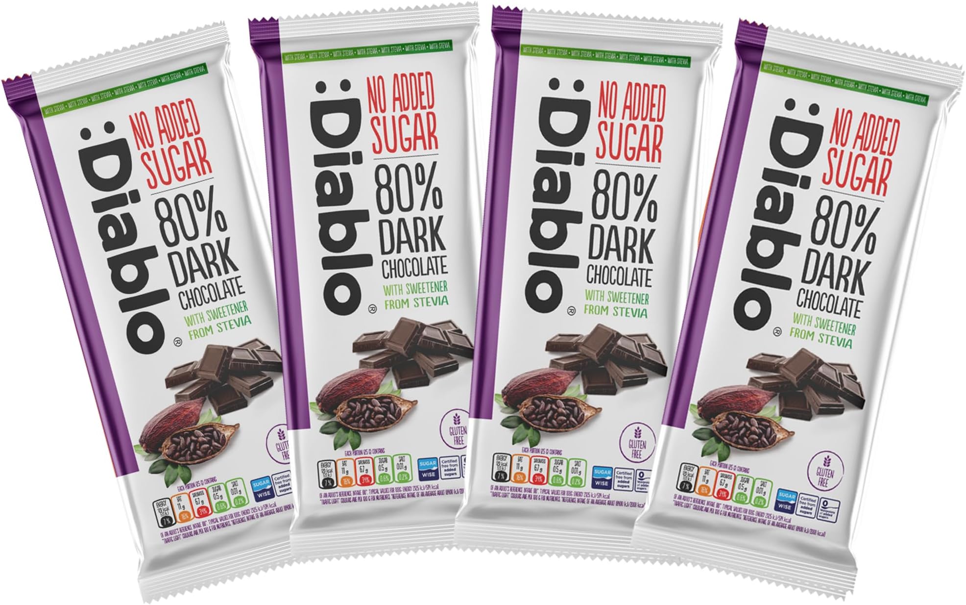 Diablo No Added Sugar 80% Dark Chocolate – No Added Sugar Chocolate Bar, Sweetened with Stevia, Gluten Free, Ideal for Any Occasion, Birthdays, Valentines, or Gift Hampers, 75g (Pack of 4)