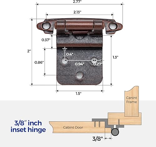 Miniatura 3 de Ravinte 10 paquetes (5 pares) de bisagras de cobre antiguo de 38 pulgadas, bisagras de cierre automático para cocina, baño, muebles, armarios y