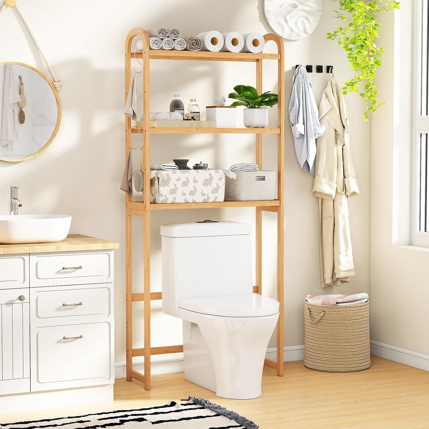 Tangkula Bamboo Over The Toilet Storage, 3-Tier Over Toilet Organizer Rack with 5-Position Adjustable Shelves, 3 Hooks, Adjustable Bottom Bar, Laundry Room Shelf, 28.5" Wide Bathroom Space Saver