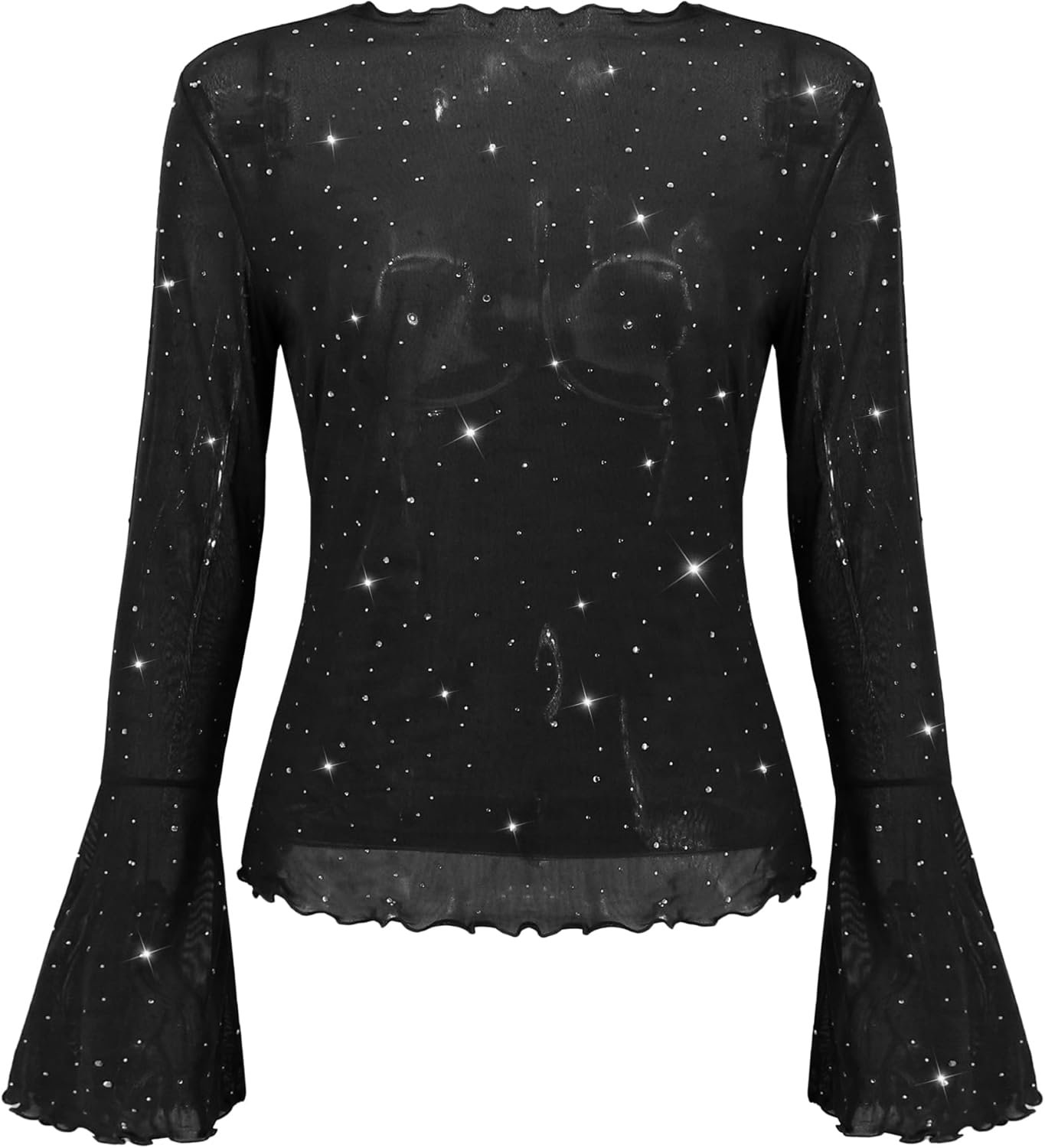 jascaela Womens Sheer Mesh Top Long Bell Sleeve Sequin Tee Top See Through Blouse Sexy Glitter Shirts - Image 7