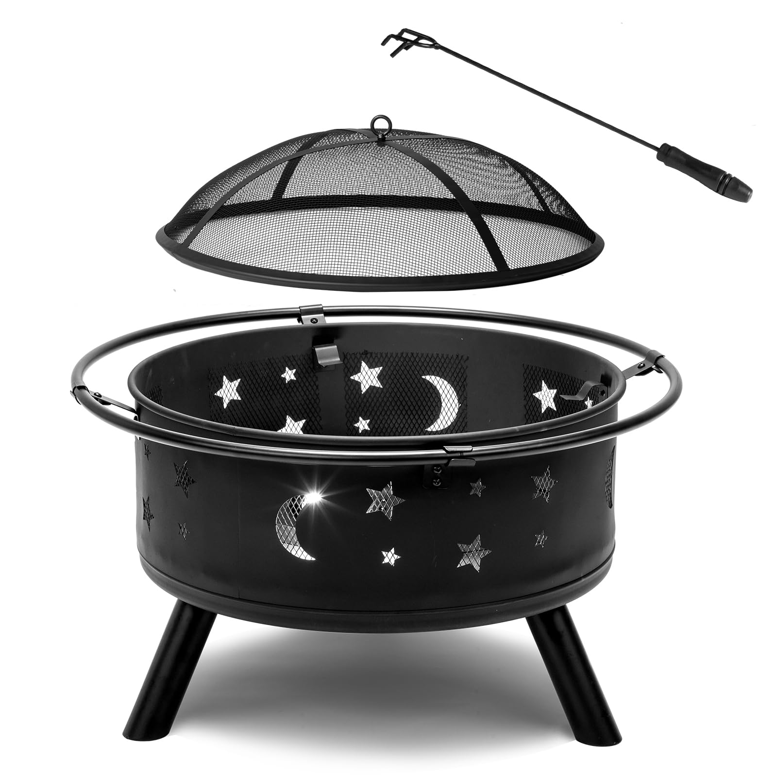 Hoguera redonda de 30 pulgadas para exteriores, diseño de estrella y luna, chimenea de leña al aire libre con pantalla de chispas, póquer, hoguera al aire libre para hoguera, patio, jardín, picnic