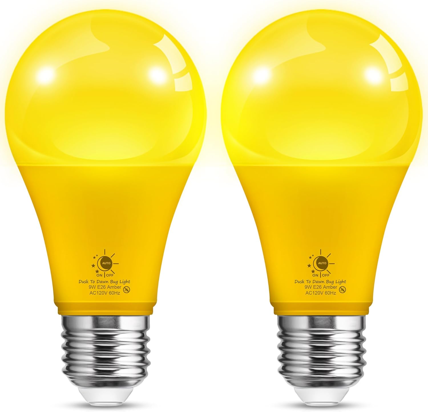 L LOHAS LED Dusk to Dawn Bug Light Bulb Outdoor, A19 Yellow LED Bug Light Bulbs, 9W Auto On/Off Bug Lights for Outside, Amber Porch Light Bulb 60W Equi, Non-Attracting, E26 Base for Backyard, 2 Pack