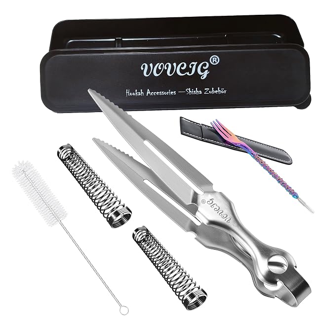 VOVCIG Hookah Accessories Set Long Hookah Tongs Shisha Fork with Poker Anti-Kinking Spring Brush 5-piece Set Birthday Thanksgiving