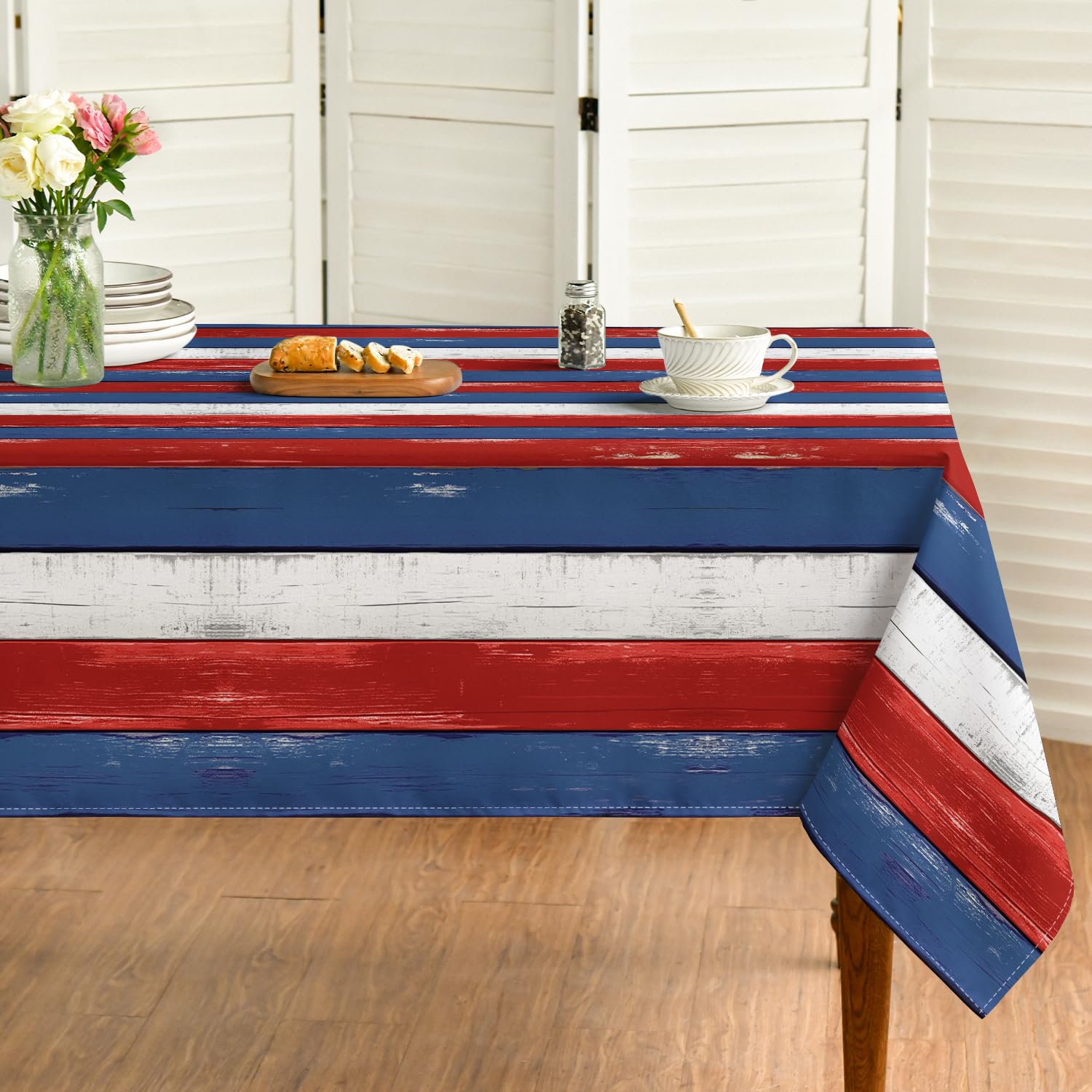 Horaldaily Red Blue Wood Grain Tablecloth 60×104 Inch Rectangular, Rustic Red Blue Wooden Stripes Vintage Table Cover for Western Barn Themed Party