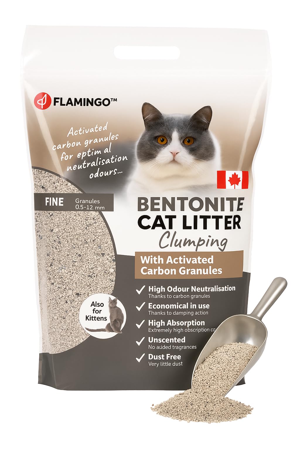 Flamingo Cat Litter - clumping cat litter - extra fine grains - 12L (12KG) for 10 weeks - Origin Canada - also suitable for kittens - natural & unscented - Ideal for 1 or multiple cats