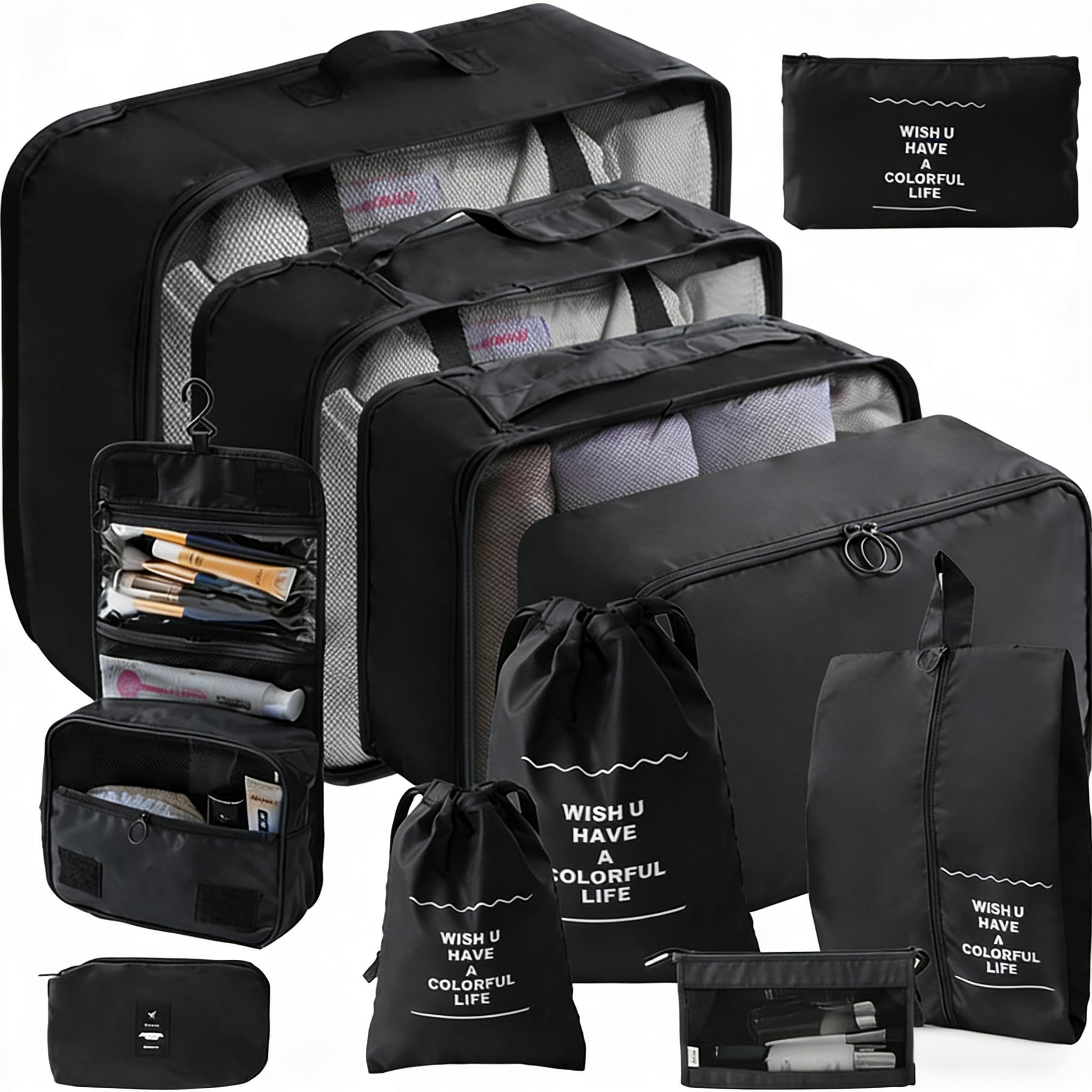 11 Set Packing Cubes for Travel Essentials, Suitcase Organizer Bags for Airplane Road Trip Camp - Black