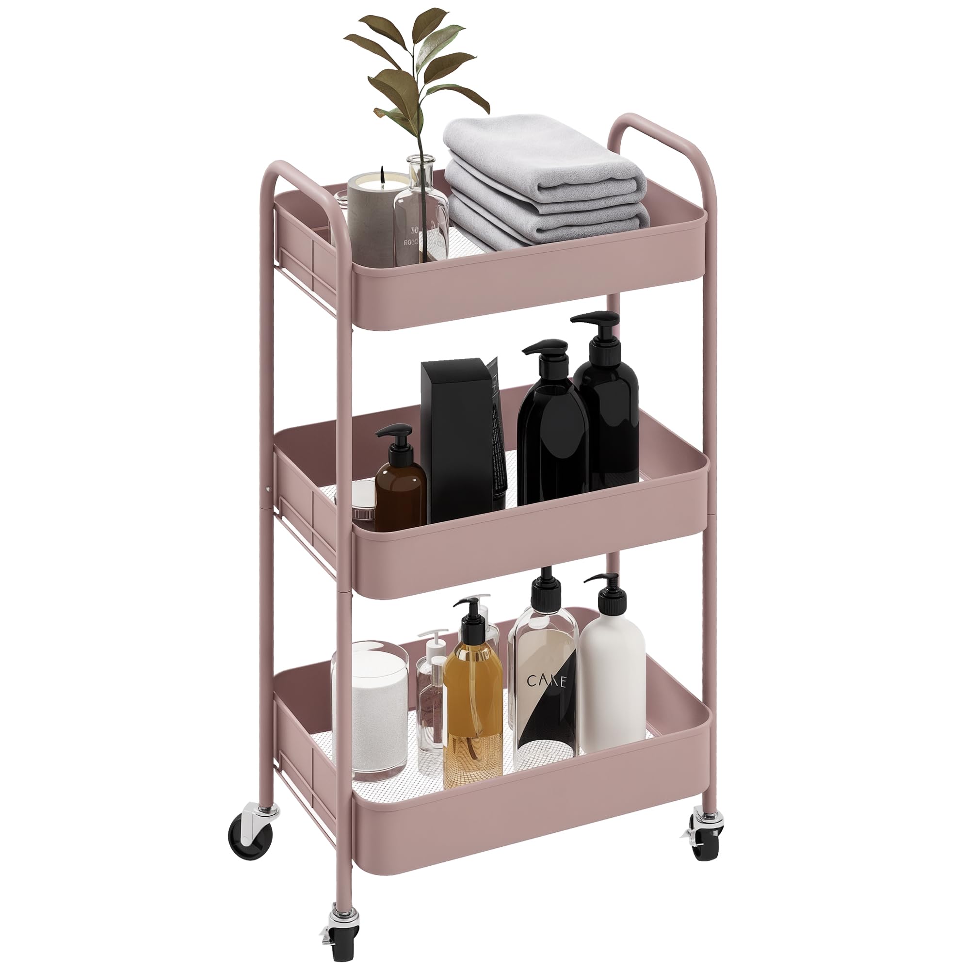 HOMCOM Carrello da Cucina a 3 Livelli con Maniglie e 4 Rotelle, Carrello Portaoggetti in Acciaio, per Ufficio, Soggiorno, Cucina, 45x30.6x79 cm, Rosa