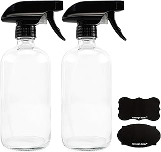 Cornucopia 16oz Clear Glass Spray Bottles w/Chalk Labels (2 Pack); Boston Round Bottles with 3-Setting Adjustable Heavy Du...