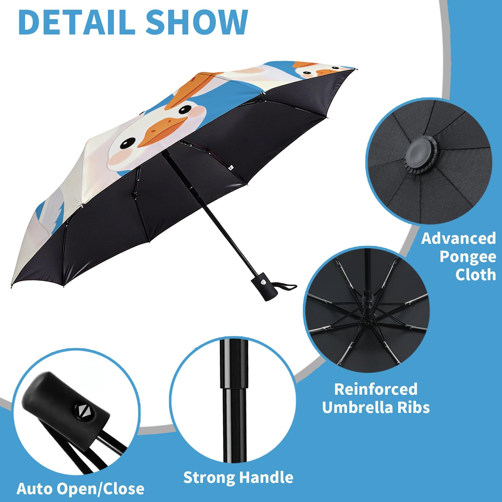 MAYJOYDIY Dulce Pato Automático Paraguas Plegable 107cm Dibujos Animados Pato Viaje Paraguas a Prueba de Viaje Azul Automático Abrir Cerrar Sombrillas Compactas para Mujeres Hombres Lluvia y