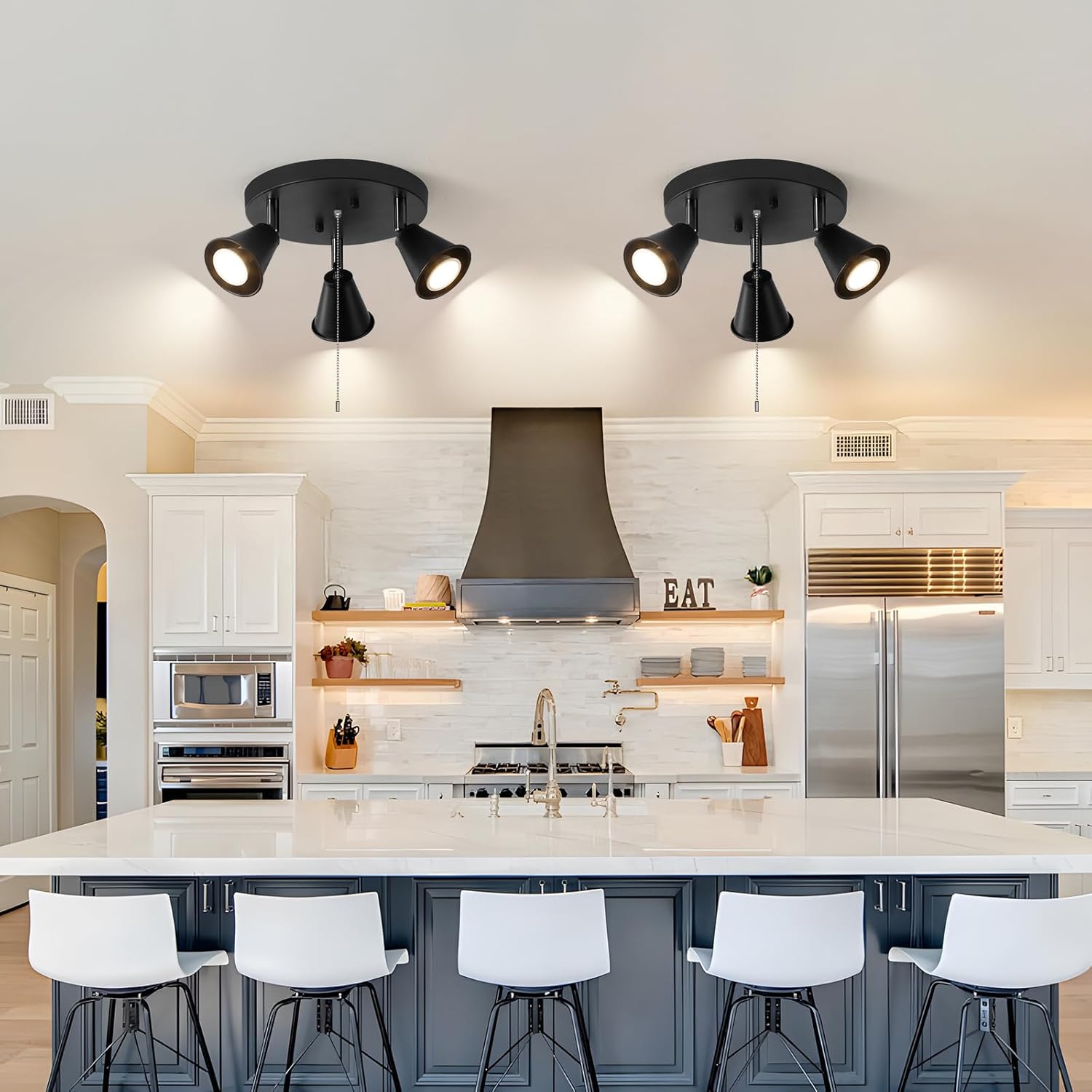 SEEBLEN 3-Light Industrial Directional Track Lighting with Pull Chain On/Off, Black Ceiling Spotlight, Morden Flush Mount Kitchen Light for Hallway,Dining Room,Porch,Office.Gu10 Bulbs Included