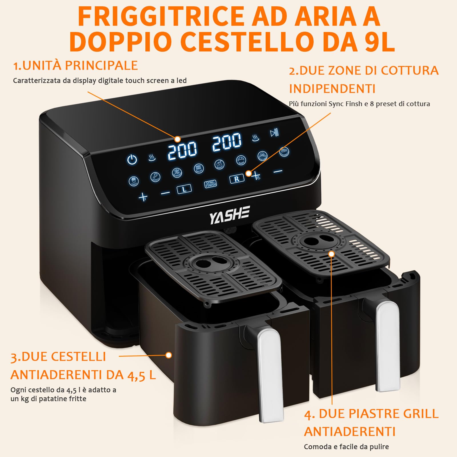 YASHE Friggitrice ad Aria Doppio Cestello, 9L XXL Capacità Friggitrice Aria con 2 Cestelli Separati, 8 in 1 Programmi di Cottura, Touchscreen LED, Cottura Sana, Veloce e Versatile Air Fryer