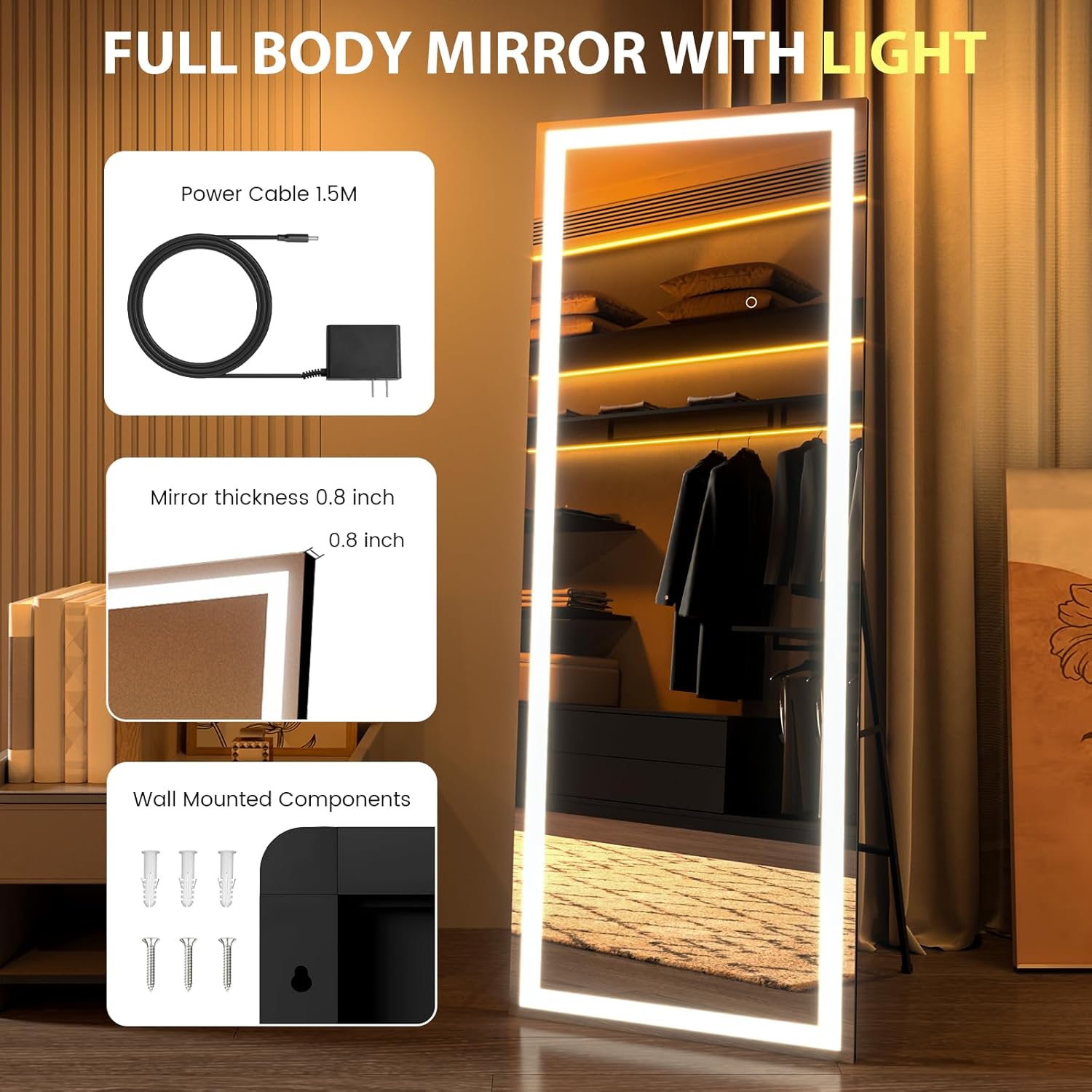 pertetey 57X18 Inch LED Full Length Floor Mirror with Lights, Black Frame Lighted Dimmable & 3 Color Modes Full Body Dressing Standing Wall Mounted for Living Room, Bedroom