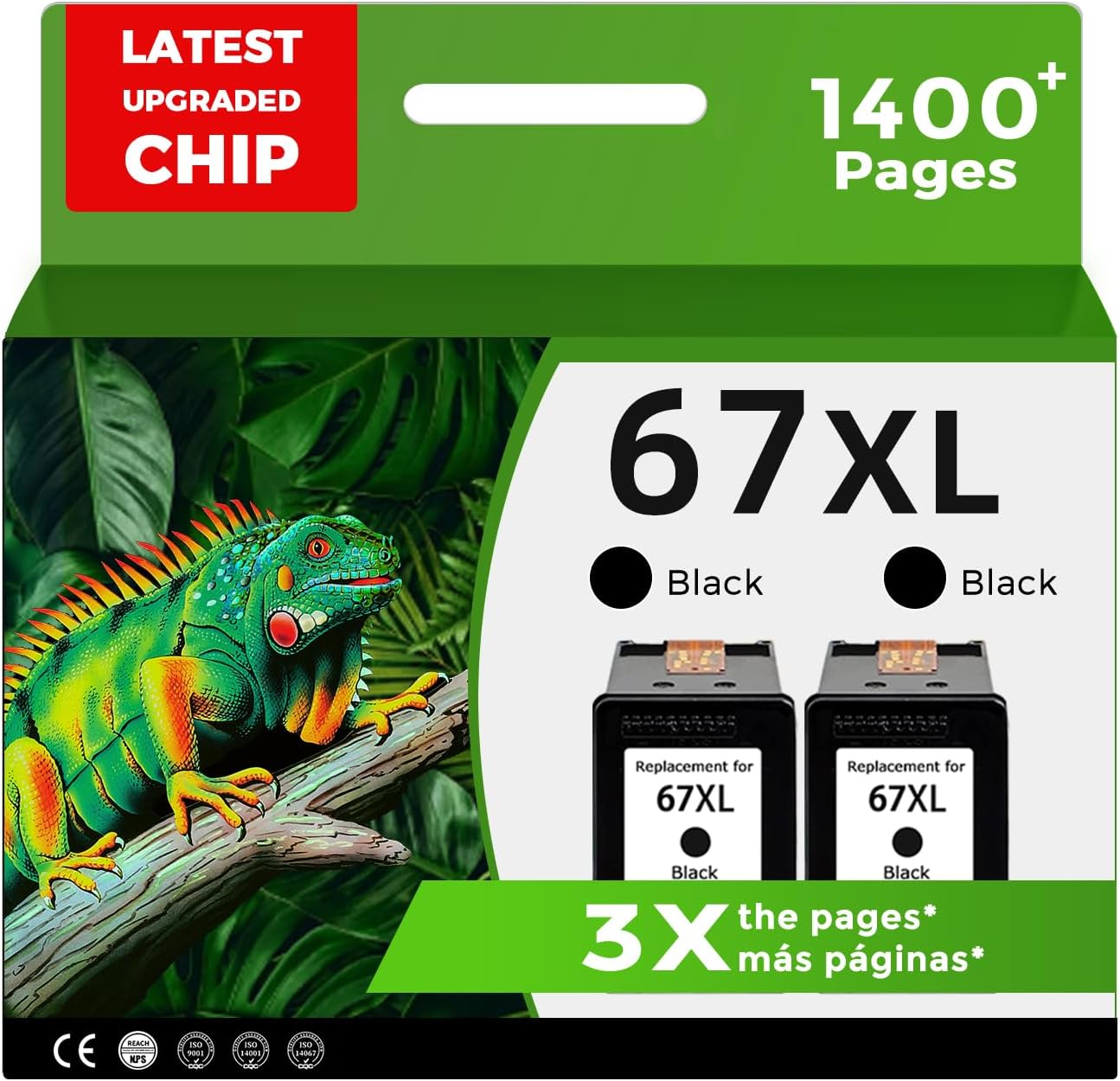 Relcolor 67XL Black Ink Cartridge Replacement for HP 67 XL 2 Pack for HP67 HP67XL for 2855e 2827e 2700 2755e 4100 4255e 6400 2852e 2752e 2700e 4227e 4100e 4155e 6455e 6000 6400e 2742e 2734e 6458e 4200