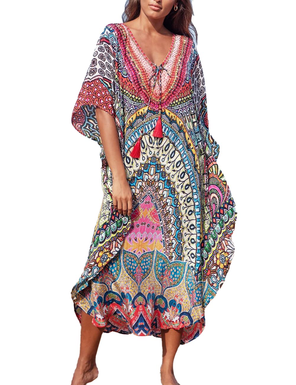 Tyidalin Kaftan Vestido Largo Playa Mujer Maxi Caftan Estampado Verano Boho Túnica Talla Grande Kimono Pareo