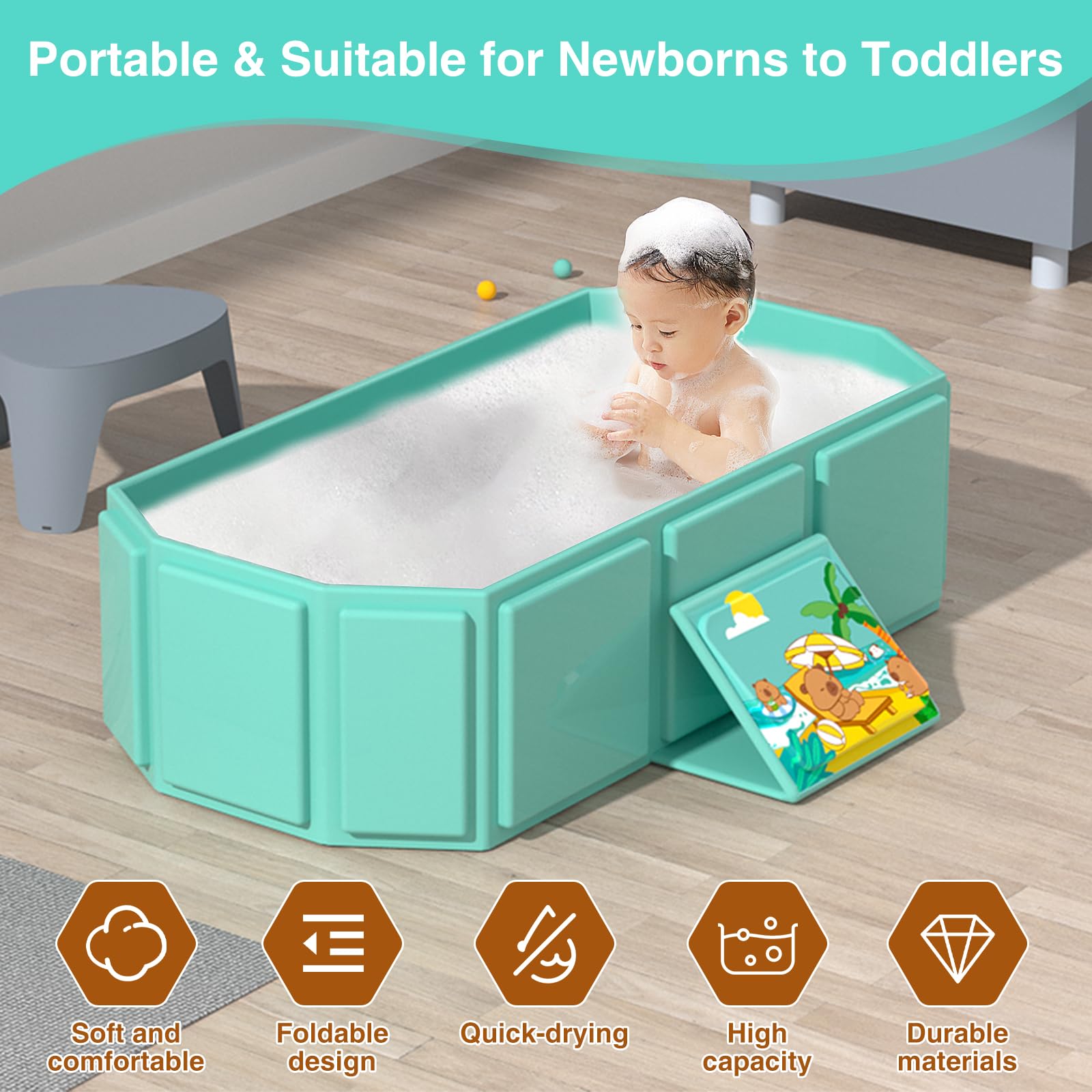 Bañera plegable portátil para bebé, 29.5 pulgadas de largo x 17.7 pulgadas de ancho x 9.8 pulgadas de alto, adecuada para 0 a 6 años, rosa/verde menta (verde)