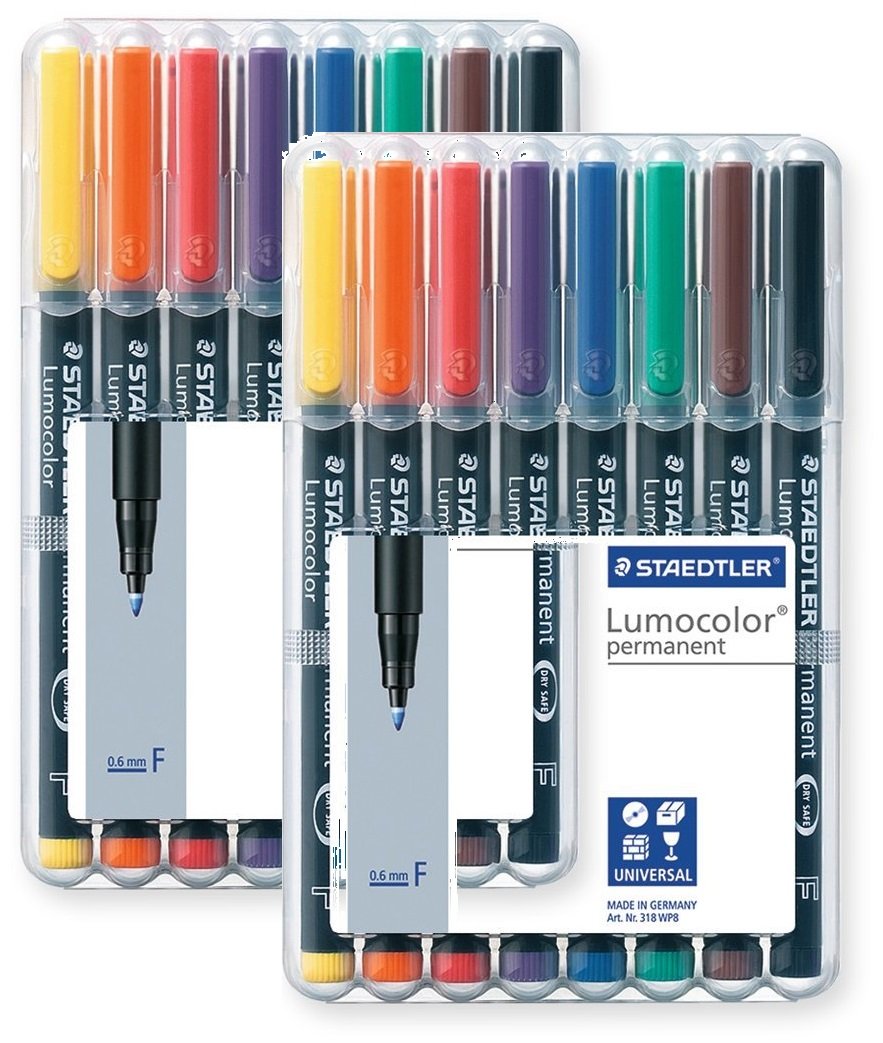 STAEDTLER 318 WP8 Lumocolor Universalstift F-Spitze, circa 0.6 mm, permanent, 8 Stück in aufstellbarer Box (8-fach sortiert | 2 Boxen, F-Spitze | permanent)