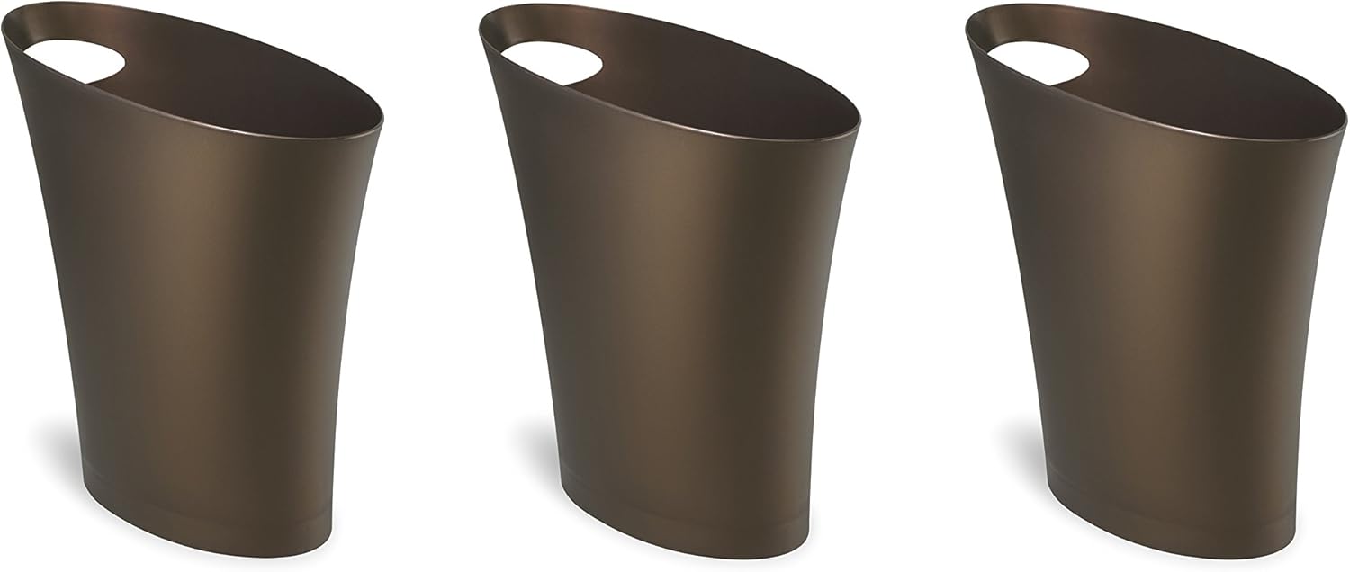 Umbra Skinny Sleek & Stylish Bathroom Trash, Small Garbage Can Wastebasket for Narrow Spaces at Home or Office, 2 Gallon Capacity, Bronze, 3-Pack