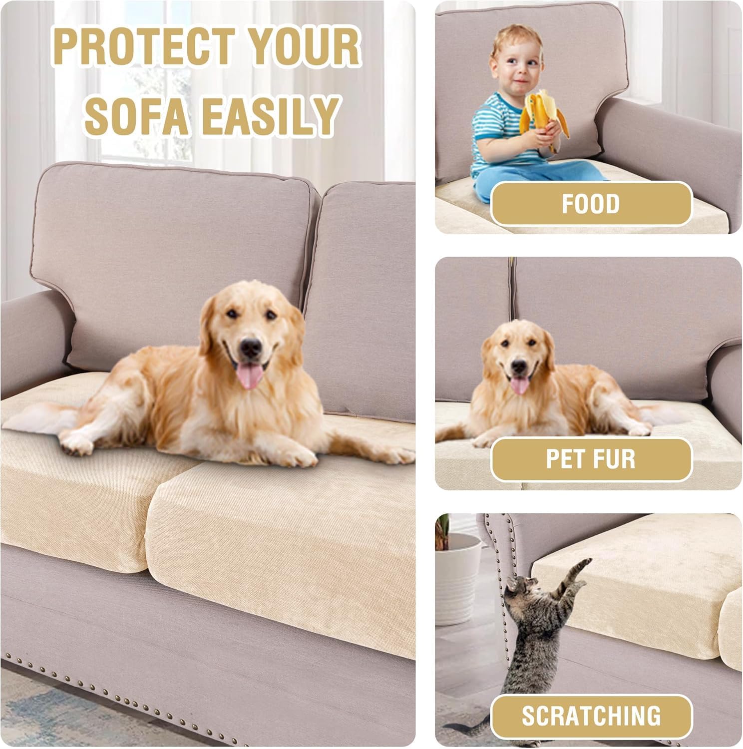 H.VERSAILTEX Stretch Mixed-Color Chenille Couch Cushion Cover Soft Sofa Covers Individual Seat Couch Slipcover Sets Furniture Protector Seat Cushion Sofa Cover (3 Piece Sofa Cushion Covers, Cream)