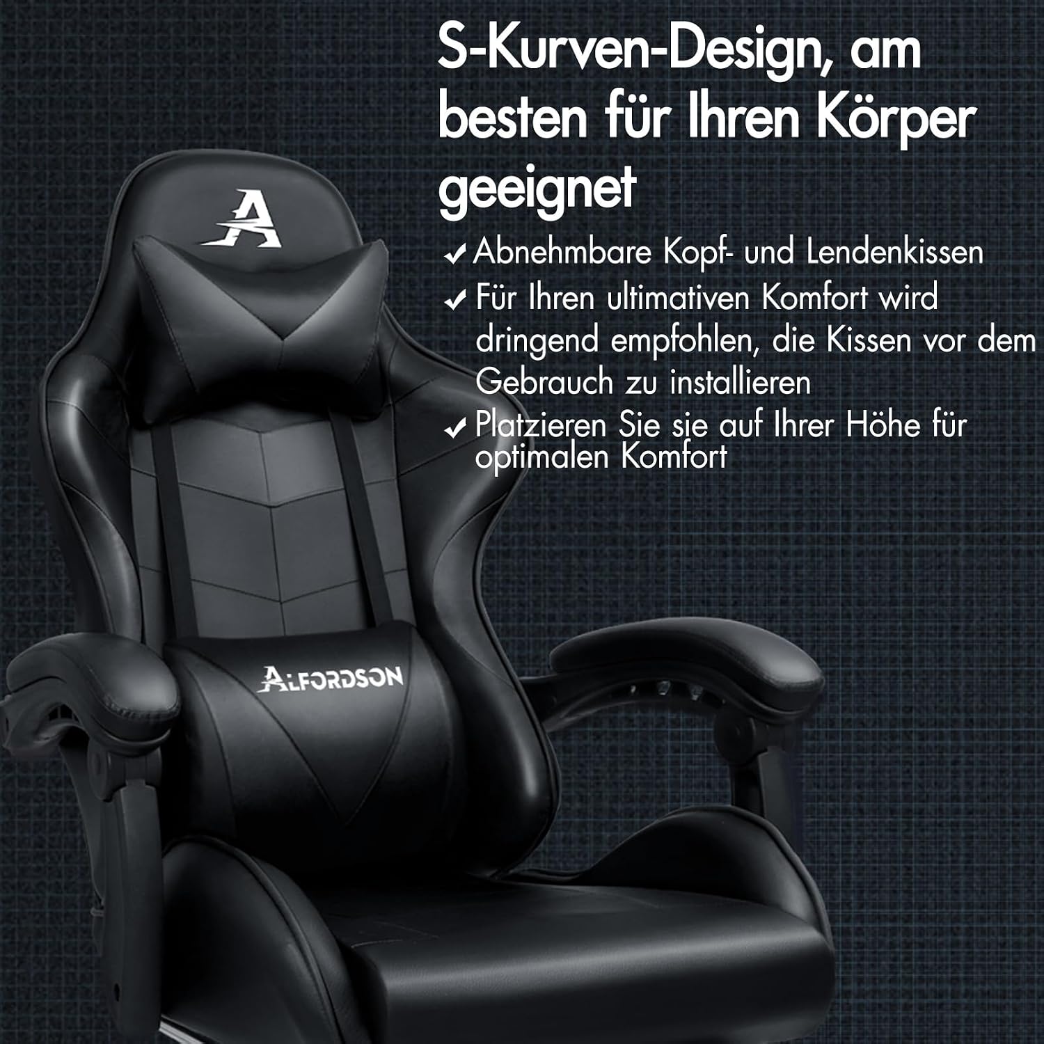 S-curve design with removable and adjustable head and lumbar cushions
