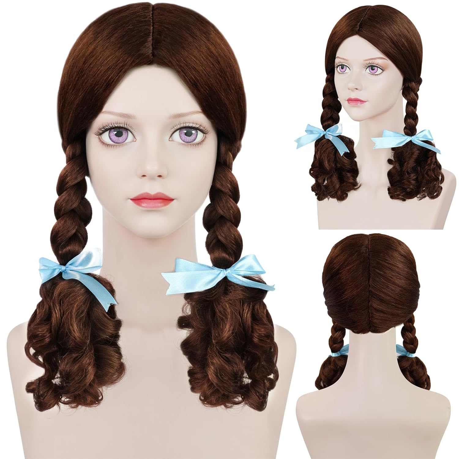 ANOGOL Wig Cap+(2 Blue Ribbons) Brown Long Wig with Double Braided Wigs for Princess Wigs with Middle Part Bangs Princess Outfit for Cosplay Costume Halloween Party