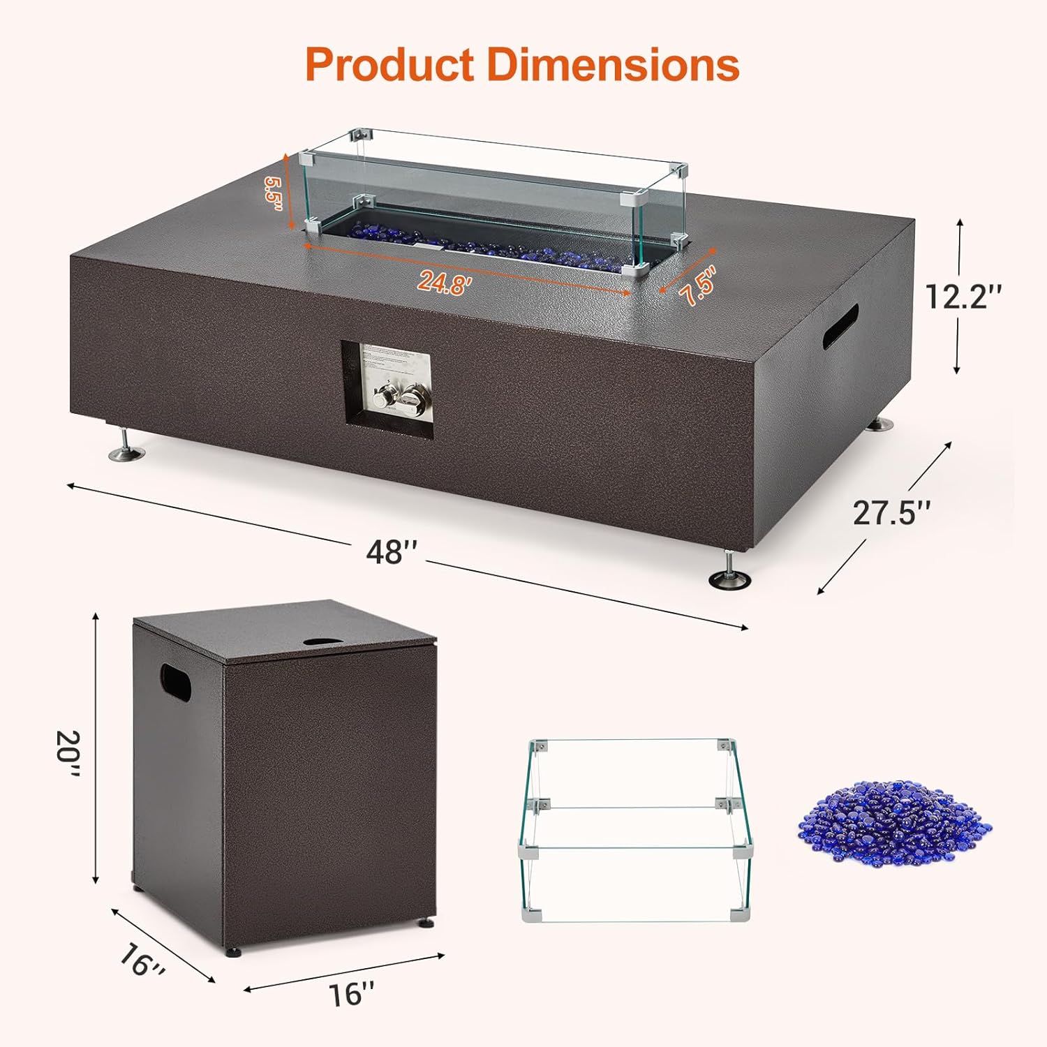 48" Outdoor Fire Table, 48 inch Rectangle Propane Gas Fire Pit Table, 50,000 BTU Modern Firepit with 16 inch Tank Cover Side Table, Wind Guard, Fire Glass, Rain Cover