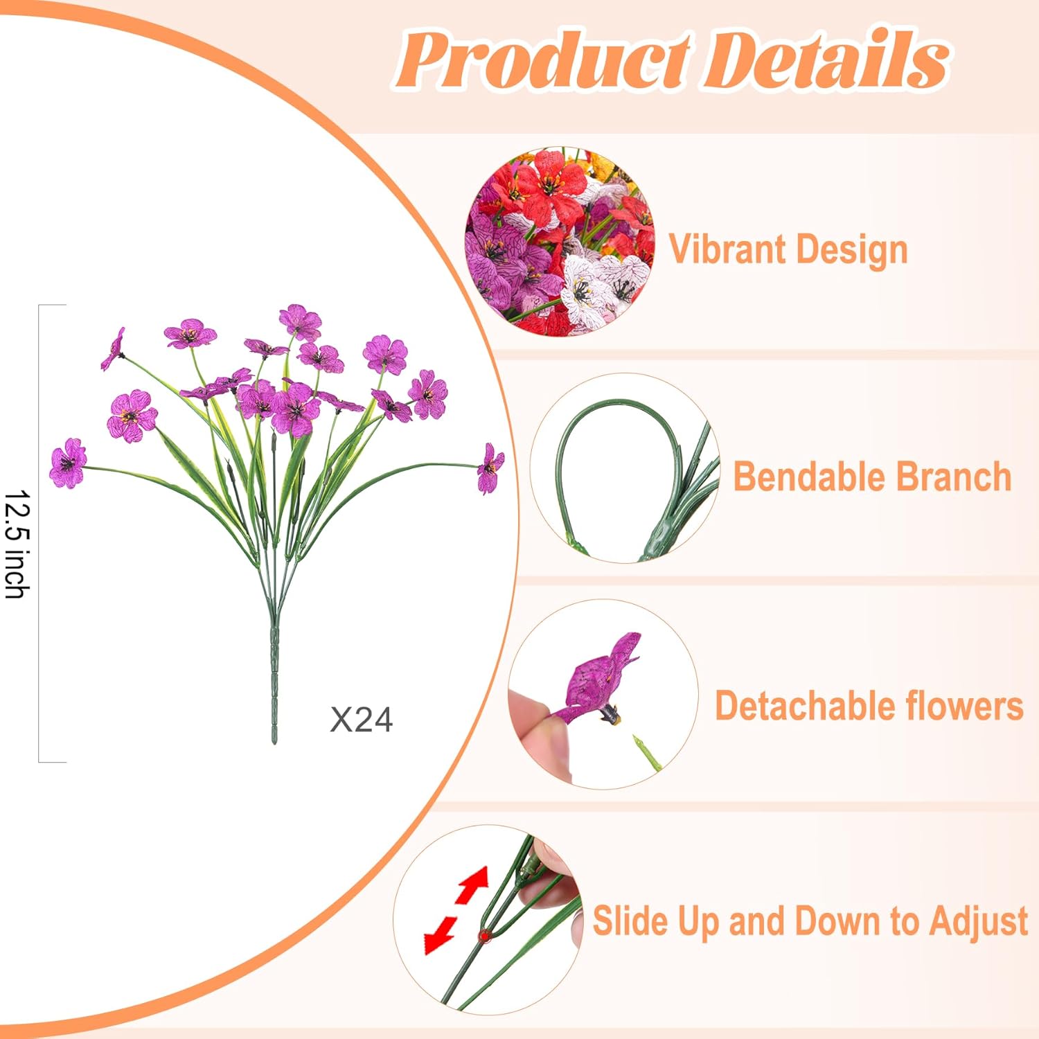 Ammyoo 24 Pcs Artificial Fake Flowers for Outdoor Spring Decoration, Faux Flowers No Fade UV Resistant Silk Flower Plants for Outside Garden Yard Porch Patio Balcony Indoor Decor