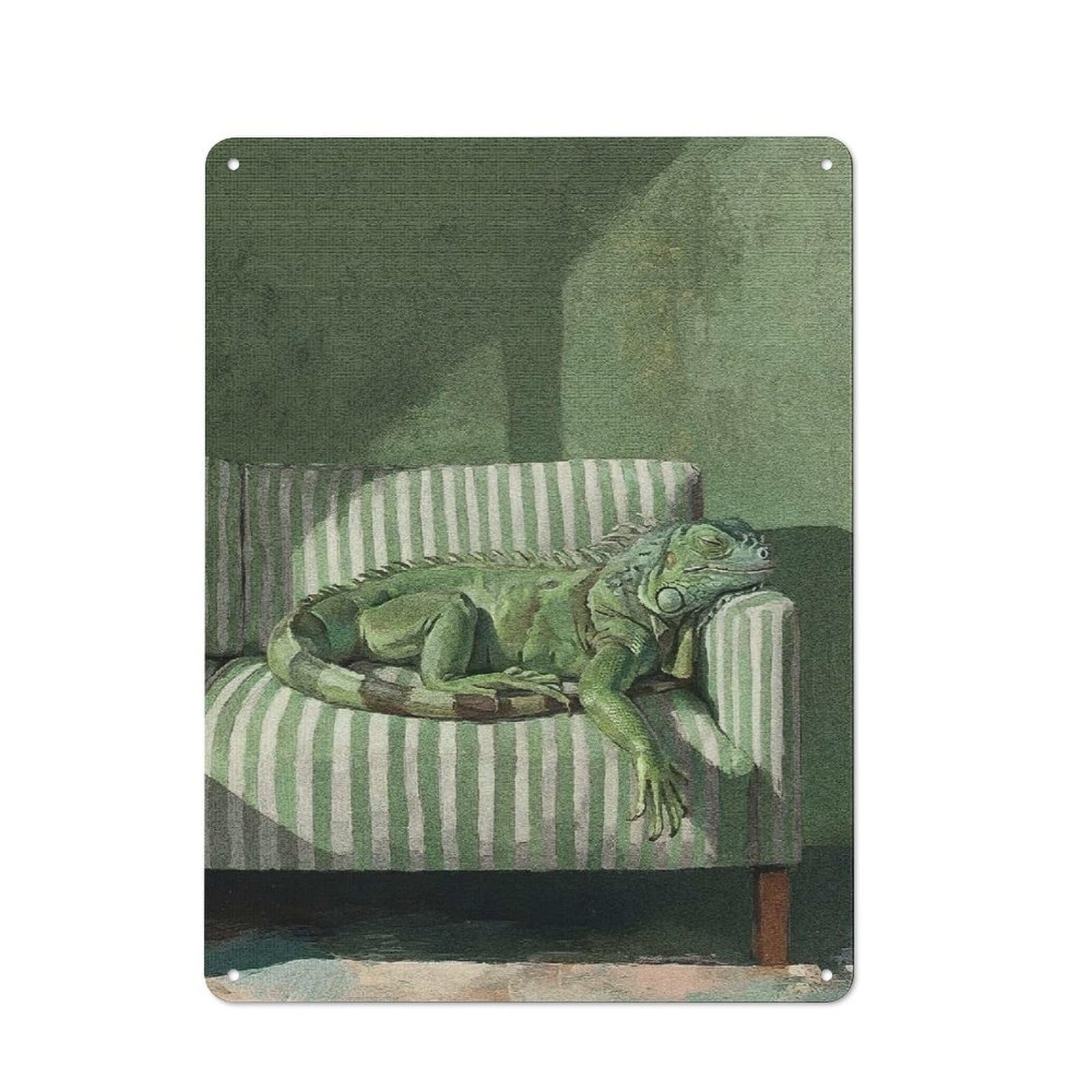 Junmoney Style-7 Iguana Resting On Striped Couch Printed Metal Sign 40X30cm For Café Or Home Bar, For Kitchen And Home Bar Decor, For Cafés, Pubs And Restaurants