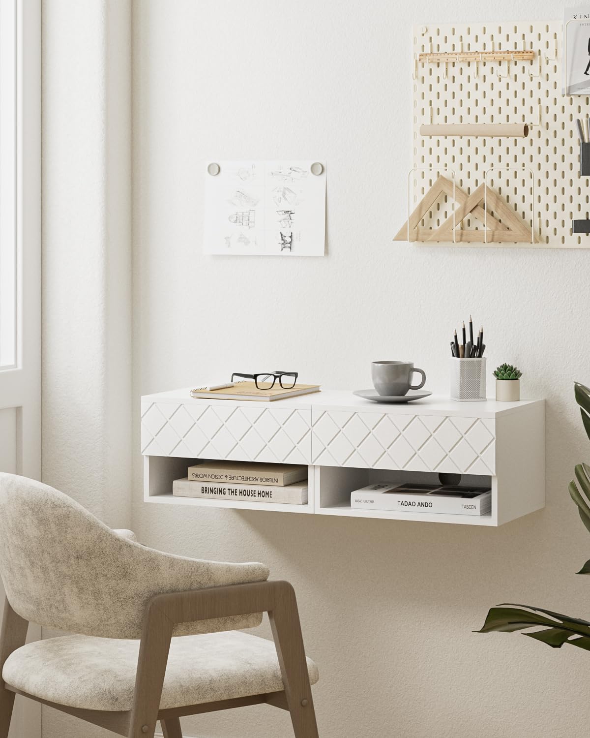 HEYZOEY Table de Chevet Flottante Moderne - Petite Table de Nuit avec Tiroir - Étagères pour Chambre à Coucher, Salle de Bain - Diamant Blanc