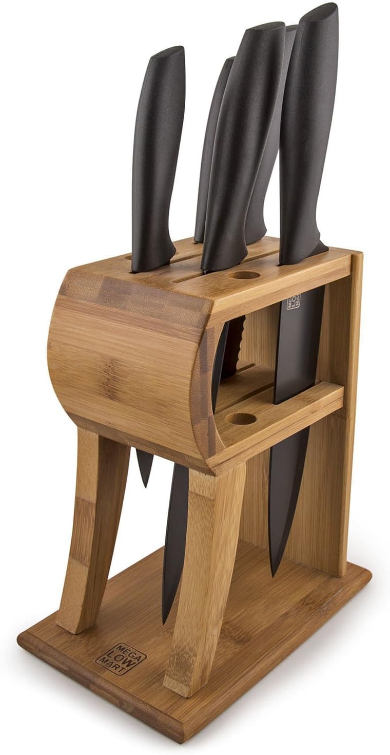 MEGALOWMART 6 Slot Bamboo Wood Kitchen Knife Block Stand Holder