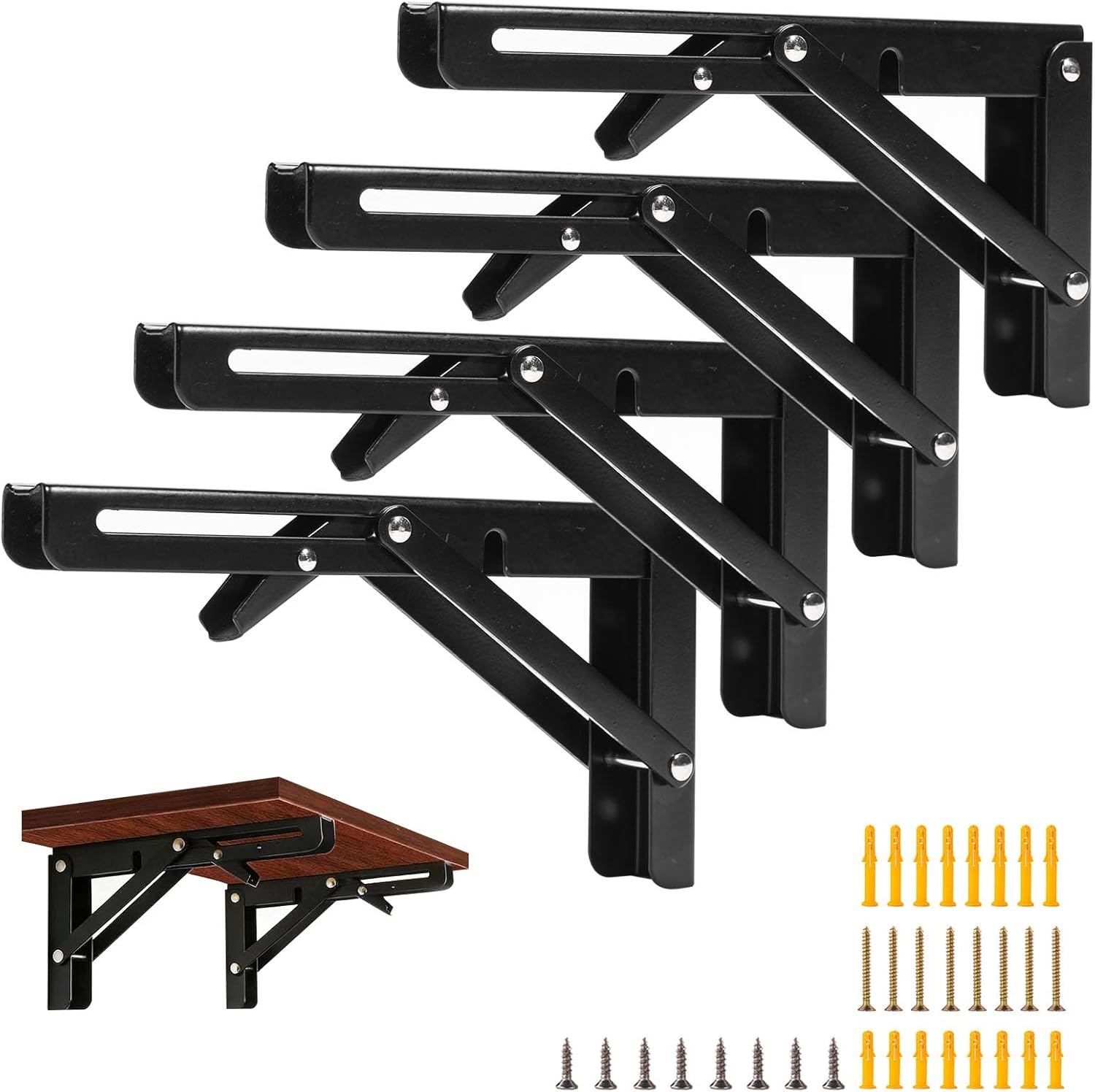 Folding Shelf Brackets, 4 pcs 16 Inch Heavy Duty Cold Rolled Steel Collapsible Triangle Shelf Bracket, DIY Wall Mounted L Bracket Space Saving for Bench Table, Worktop (Matte Black)